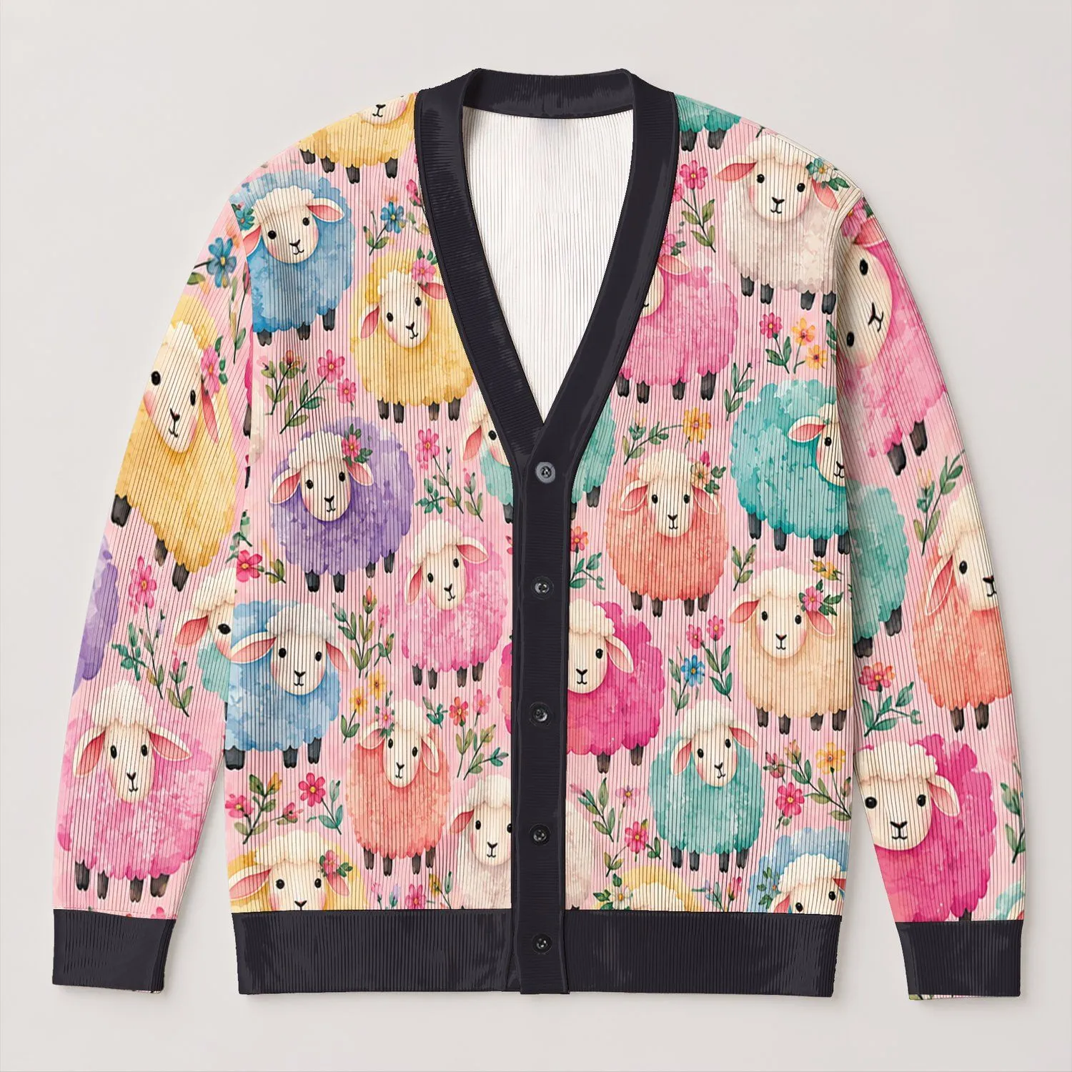 Colorful Sheep Pastel Farm Style for Cozy Everyday Layering and Weekend Outings All-over Print Knitted Cardigan - 1