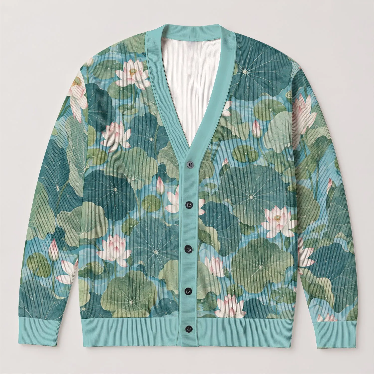 Lotus Pond Botanical Leaves In Soft Aqua Tones For Relaxed Everyday Layering Style All-over Print Knitted Cardigan - 1