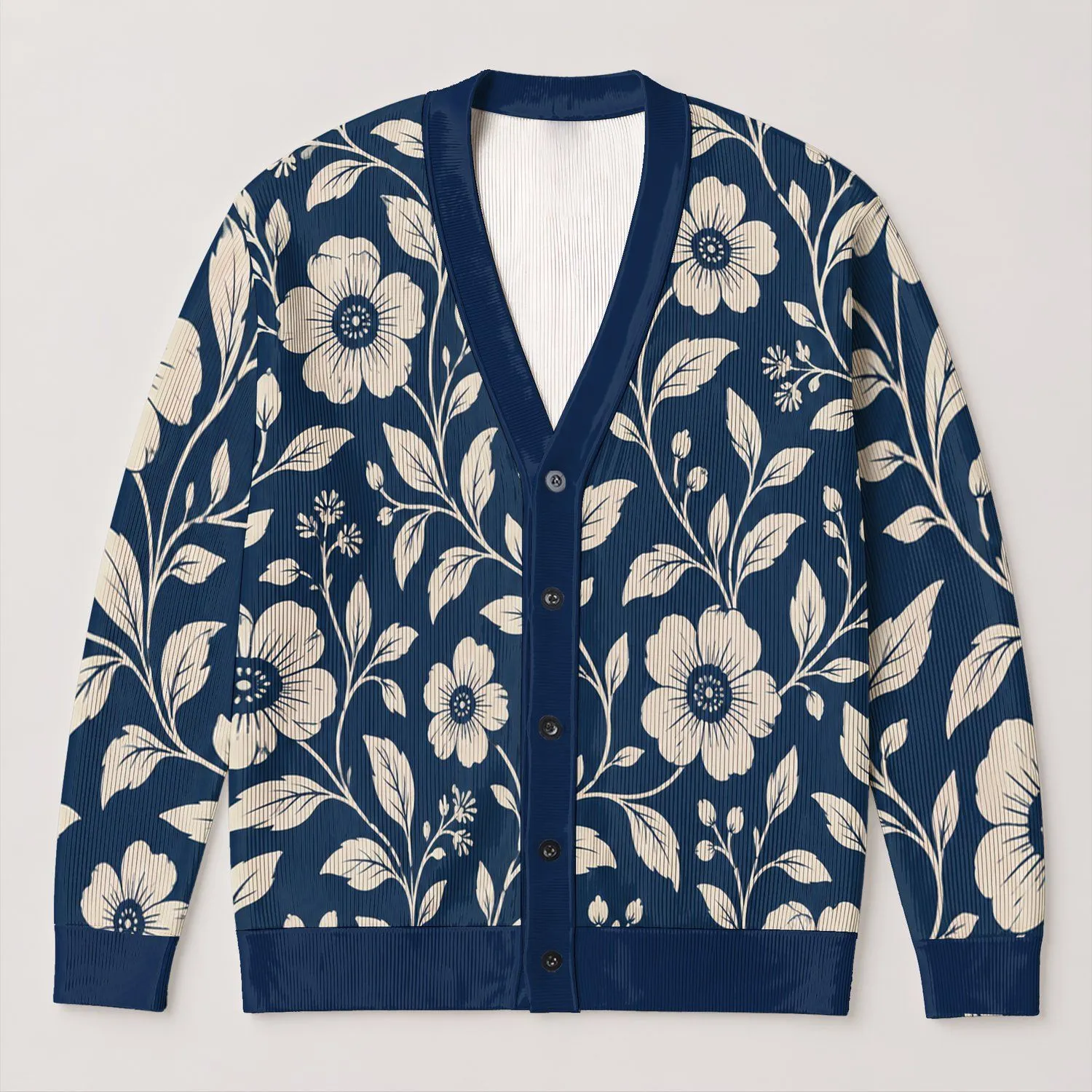 Navy Botanical Wildflower Vines For Autumn Layering And Everyday Women's Casual Style All-over Print Knitted Cardigan - 1
