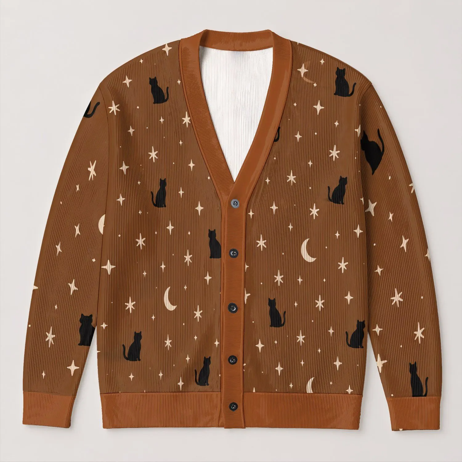 Black Cats, Crescent Moons And Stars For Cozy Autumn Layering And Everyday Style All-over Print Knitted Cardigan - 1
