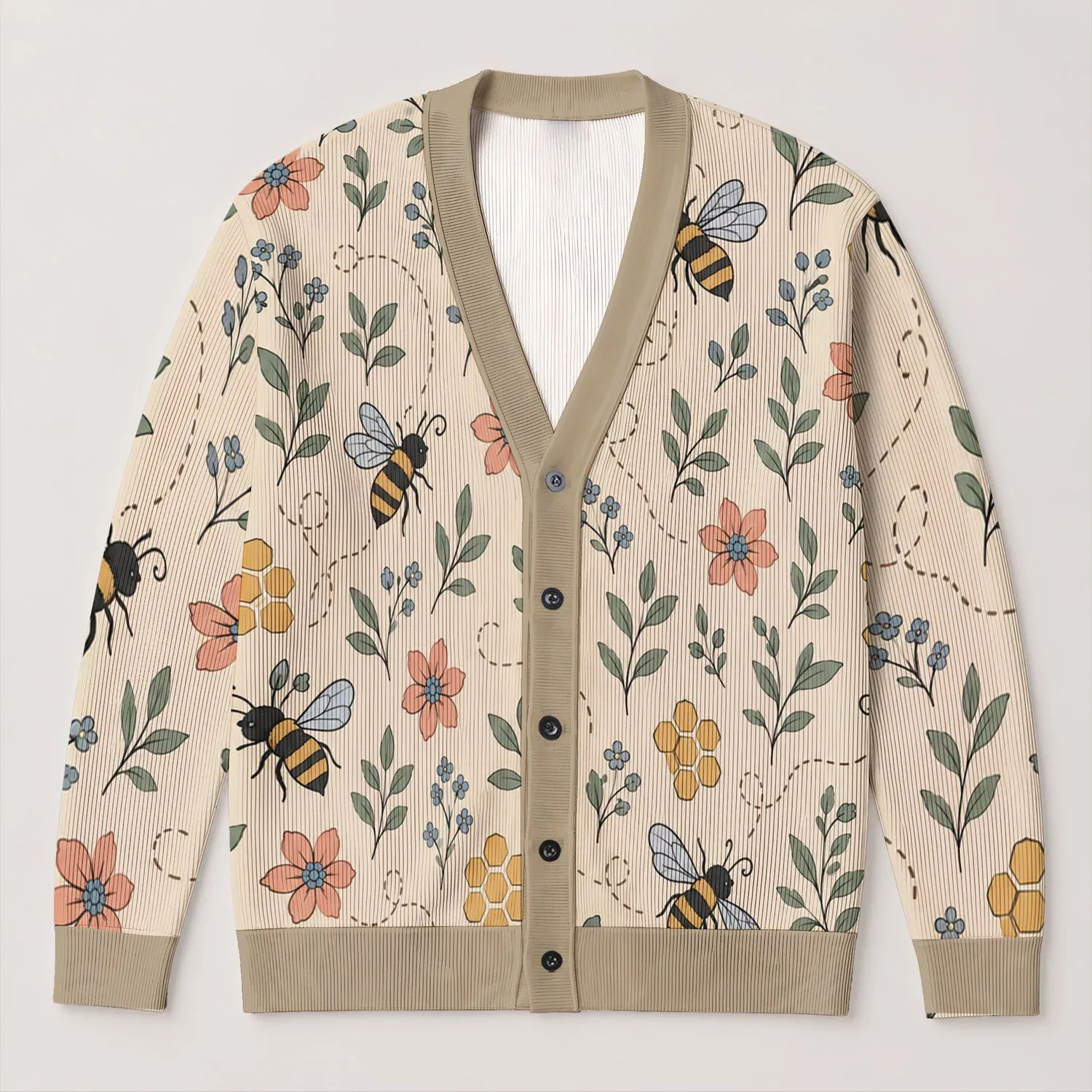 Bee Flower Honeycomb Motif For Casual Autumn Commuting And Weekend Outfits Women All-over Print Knitted Cardigan - 1