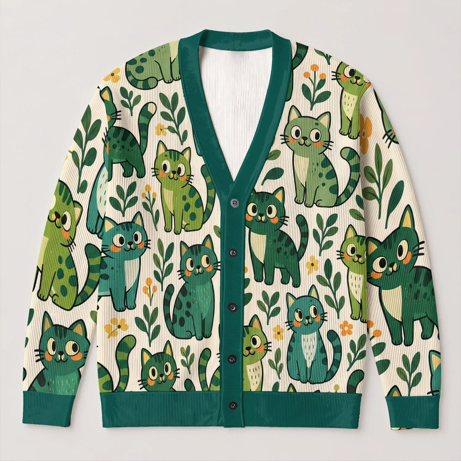 Cute Green Cat Faces for Cozy Lounging and Everyday Layering for Women and Cat Lovers All-over Print Knitted Cardigan - 1