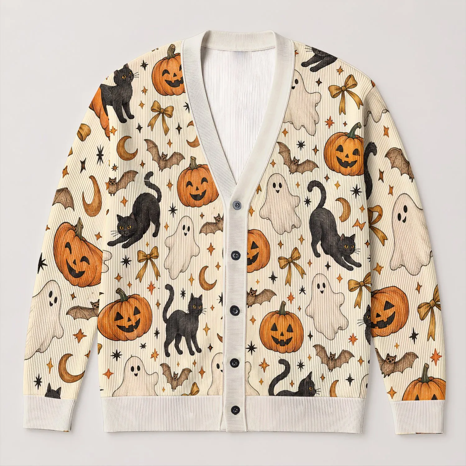 Halloween Pumpkin Cat Ghost Bat Motifs For Cozy Autumn Layering Women Seasonal Style All-over Print Knitted Cardigan - 1