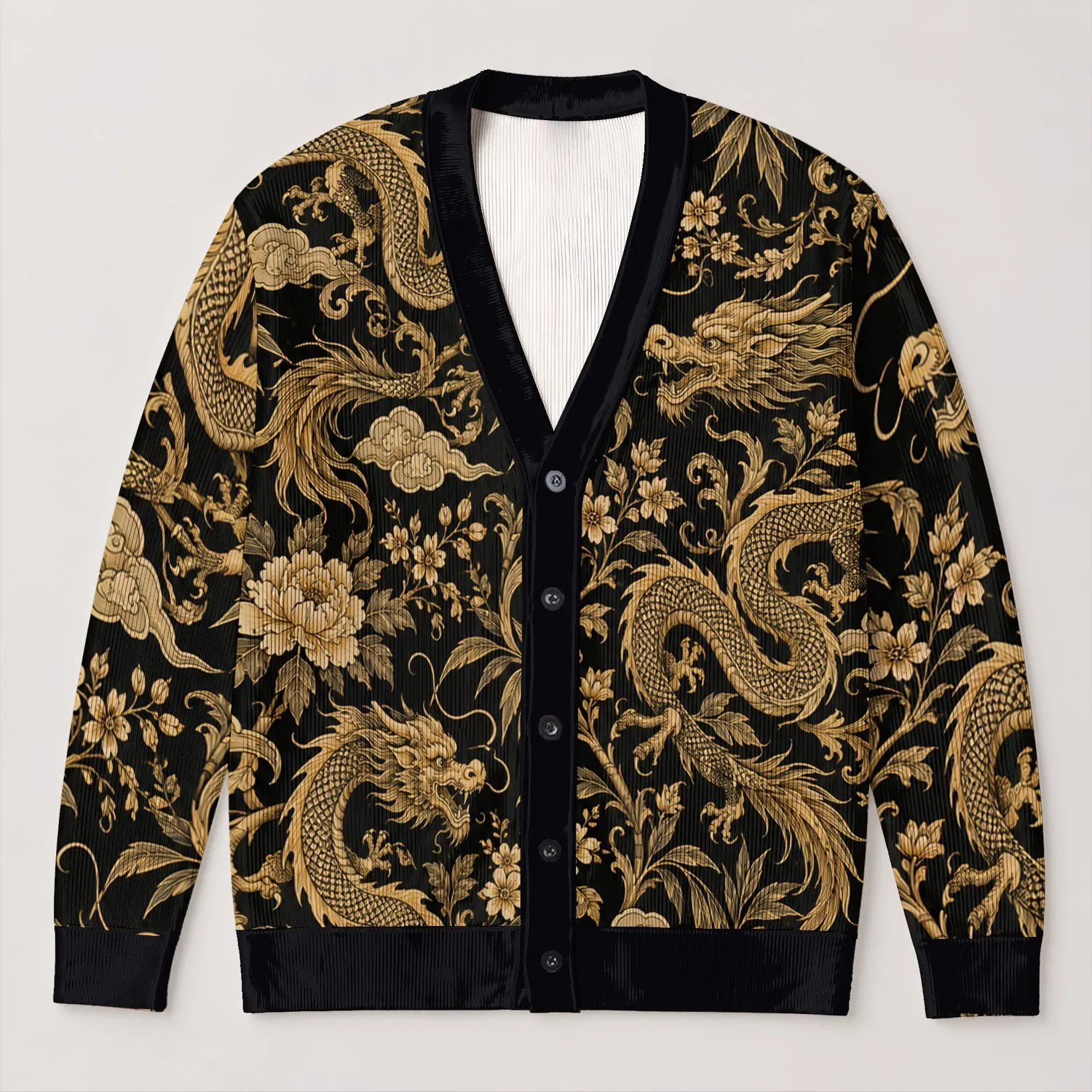 Black Gold Dragon Floral Resort Style for Beach Vacations and Relaxed Home Lounging All-over Print Knitted Cardigan - 1