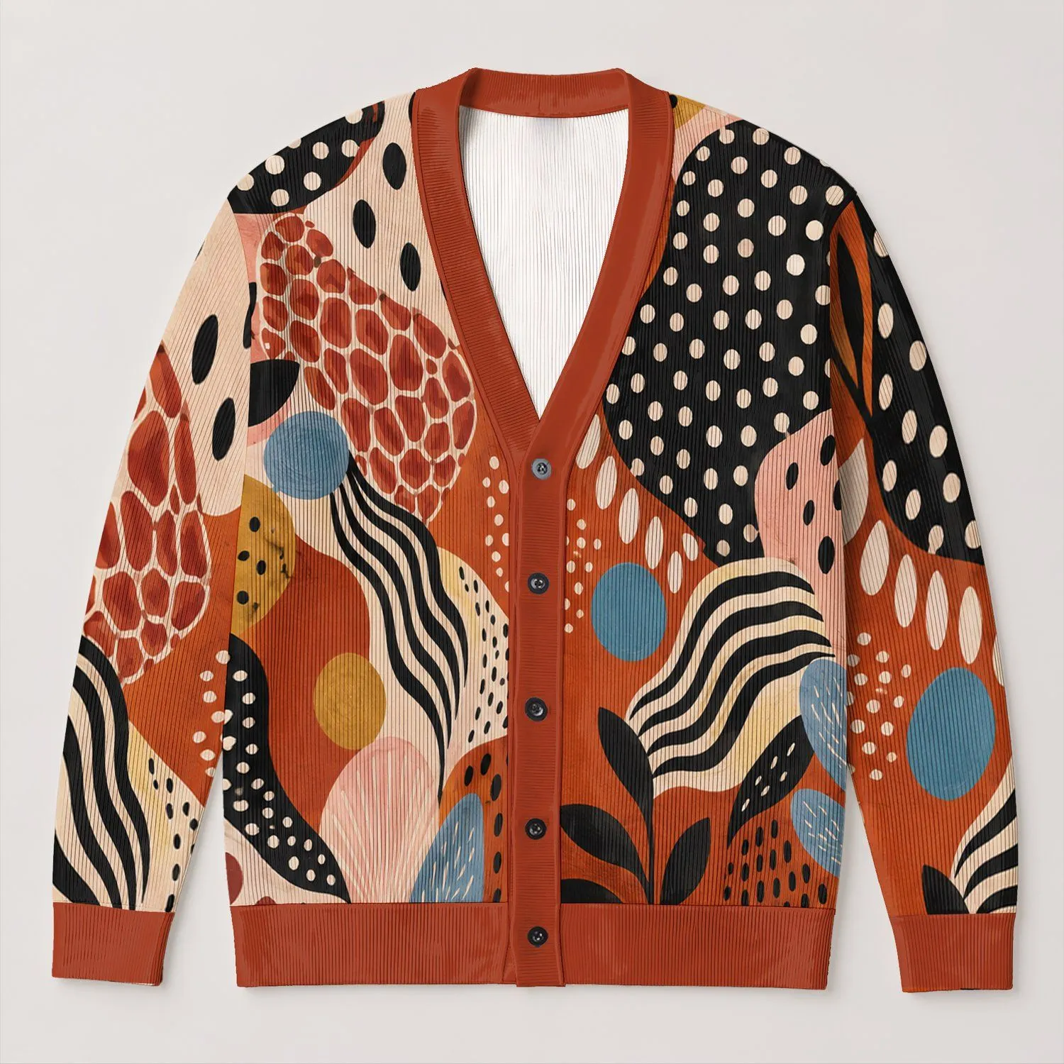Rust Coral Abstract Botanical Geometry for Everyday Autumn Layering Women's Style All-over Print Knitted Cardigan - 1