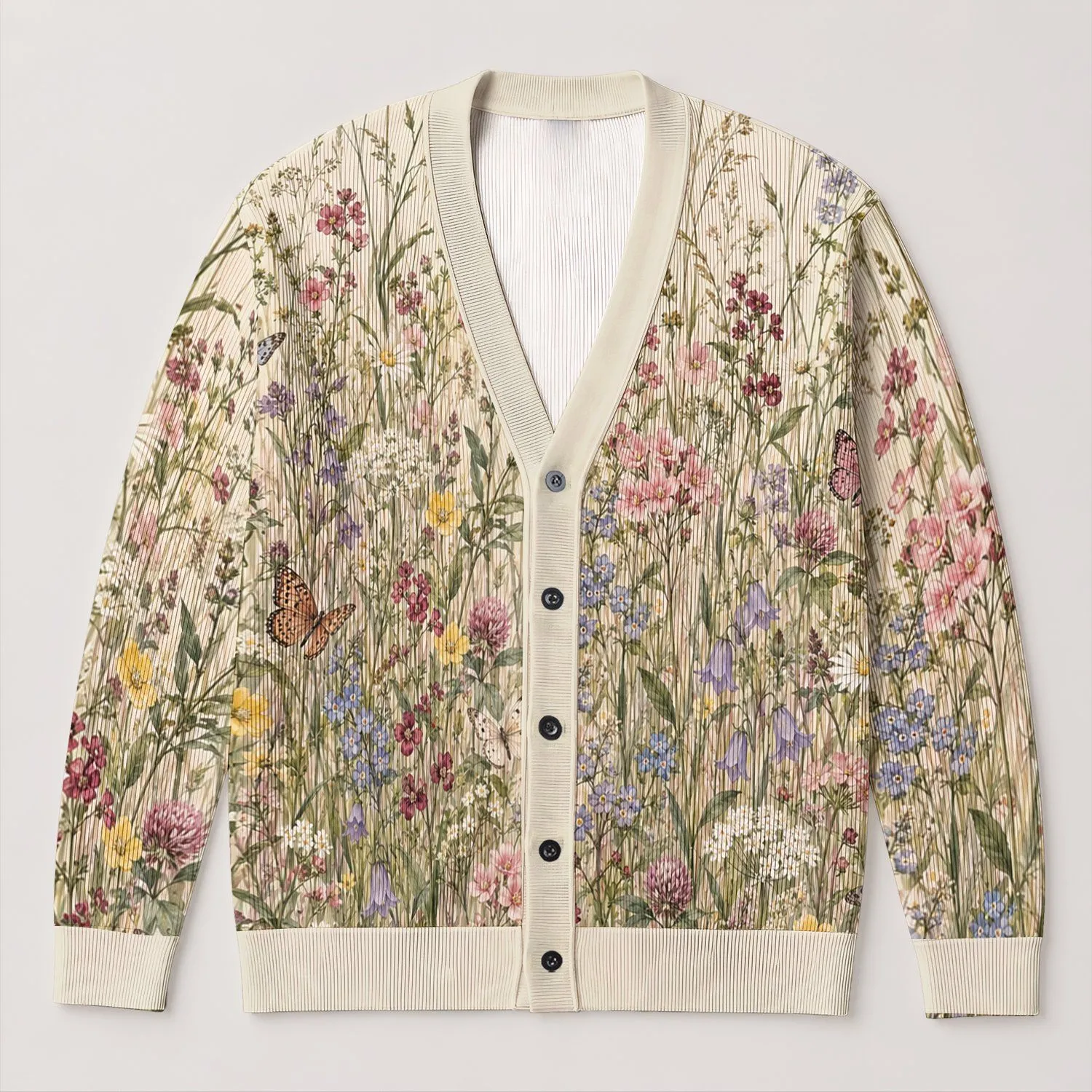 Wildflower Meadow Butterflies for Everyday Layering and Garden Walks for Women and Travel All-over Print Knitted Cardigan - 1