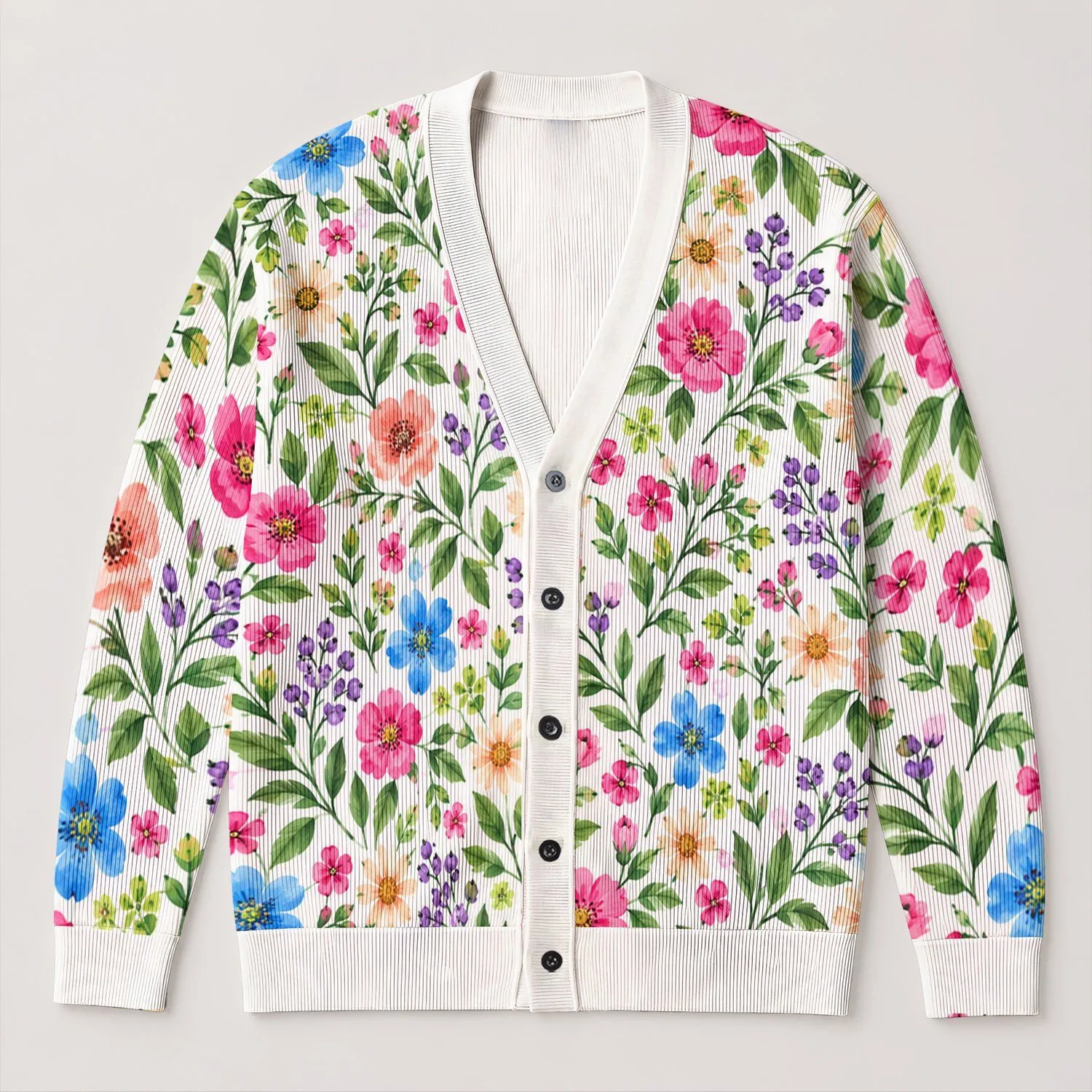 Colorful Botanical Blooms for Cheerful Everyday Layering Women Spring Casual Style All-over Print Knitted Cardigan - 1