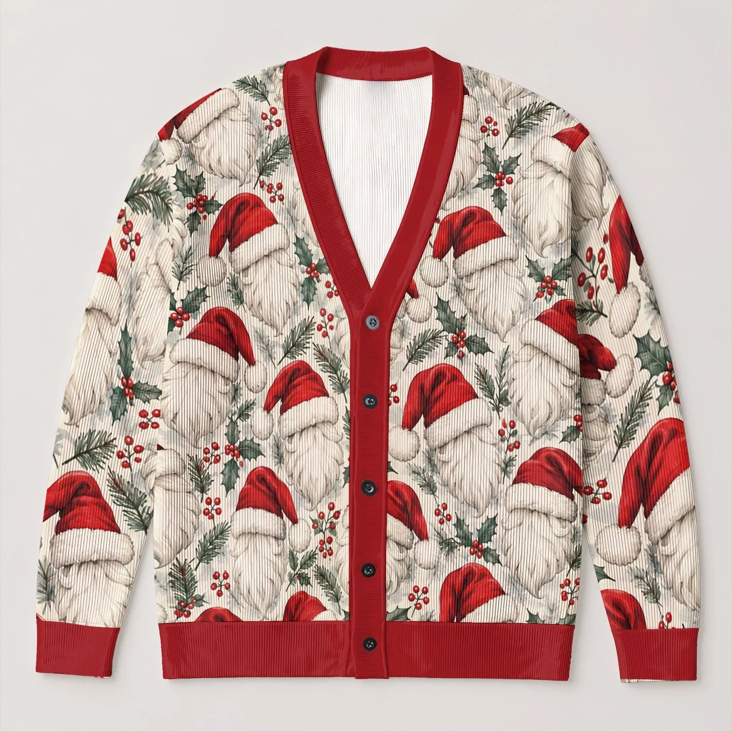 Santa Hat And White Beard Holiday Cheer For Festive Winter Layering And Seasonal Gifting All-over Print Knitted Cardigan - 1