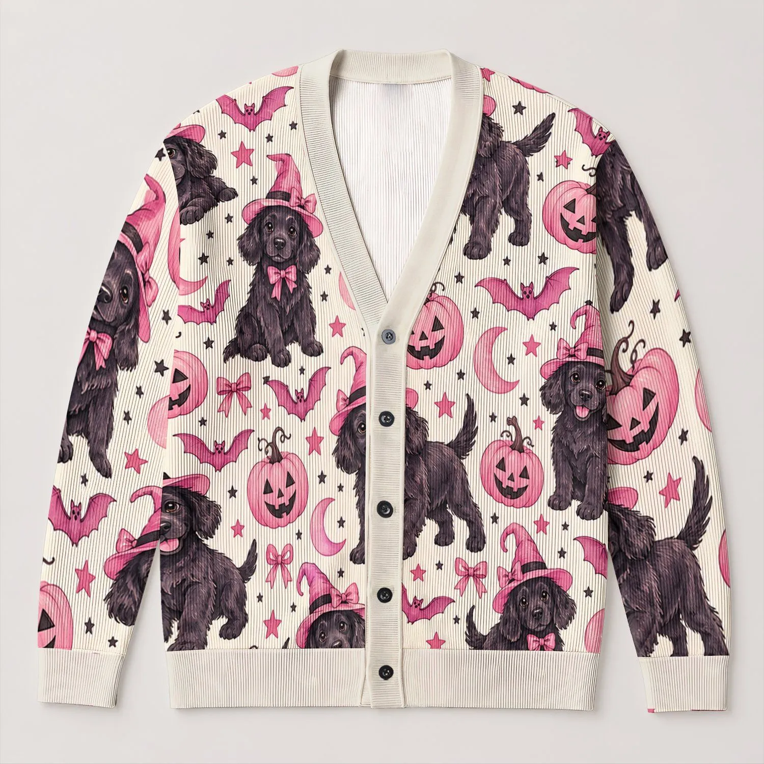 Pink Halloween Dogs, Bats, Pumpkins And Moons For Sweet Autumn Layering All Season All-over Print Knitted Cardigan - 1