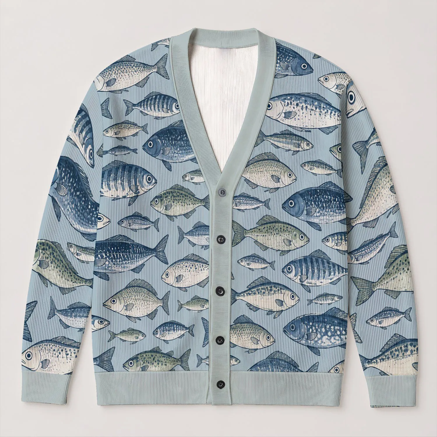 Hand Drawn Coastal Fish Motifs for Relaxed Spring Layering and Everyday Women's Outfits All-over Print Knitted Cardigan - 1