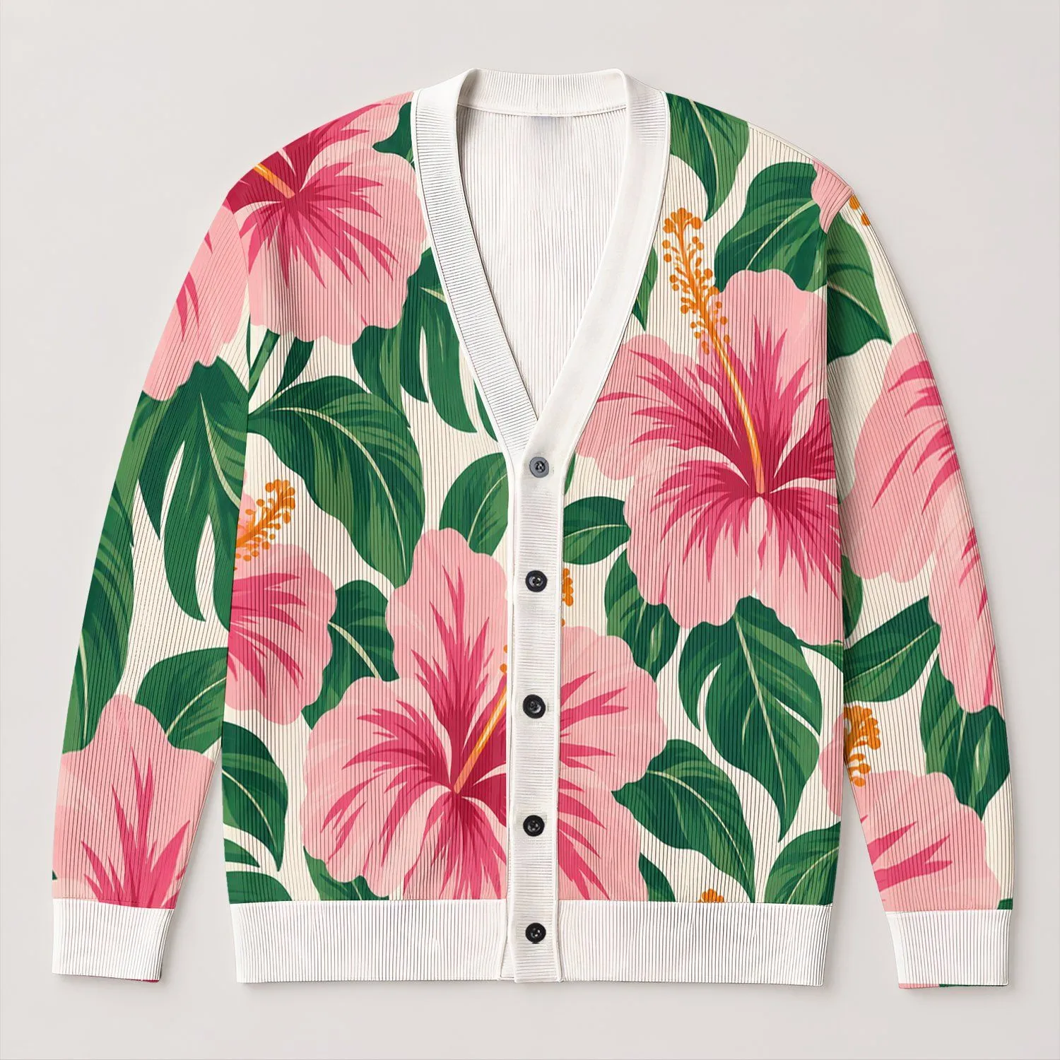 Pink Hibiscus and Green Leaf Botanical Style for Spring Outings and Everyday Women All-over Print Knitted Cardigan - 1