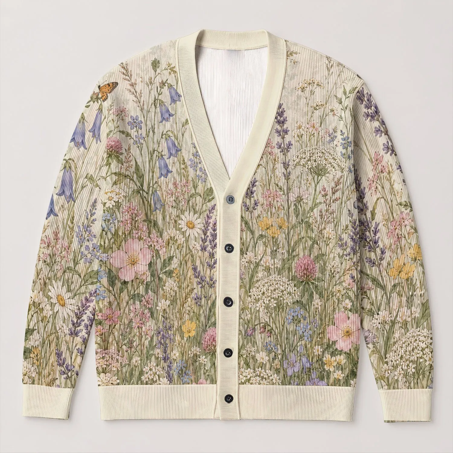 Wildflower Meadow And Butterfly Garden For Relaxed Everyday Layering, Cottage Style All-over Print Knitted Cardigan - 1