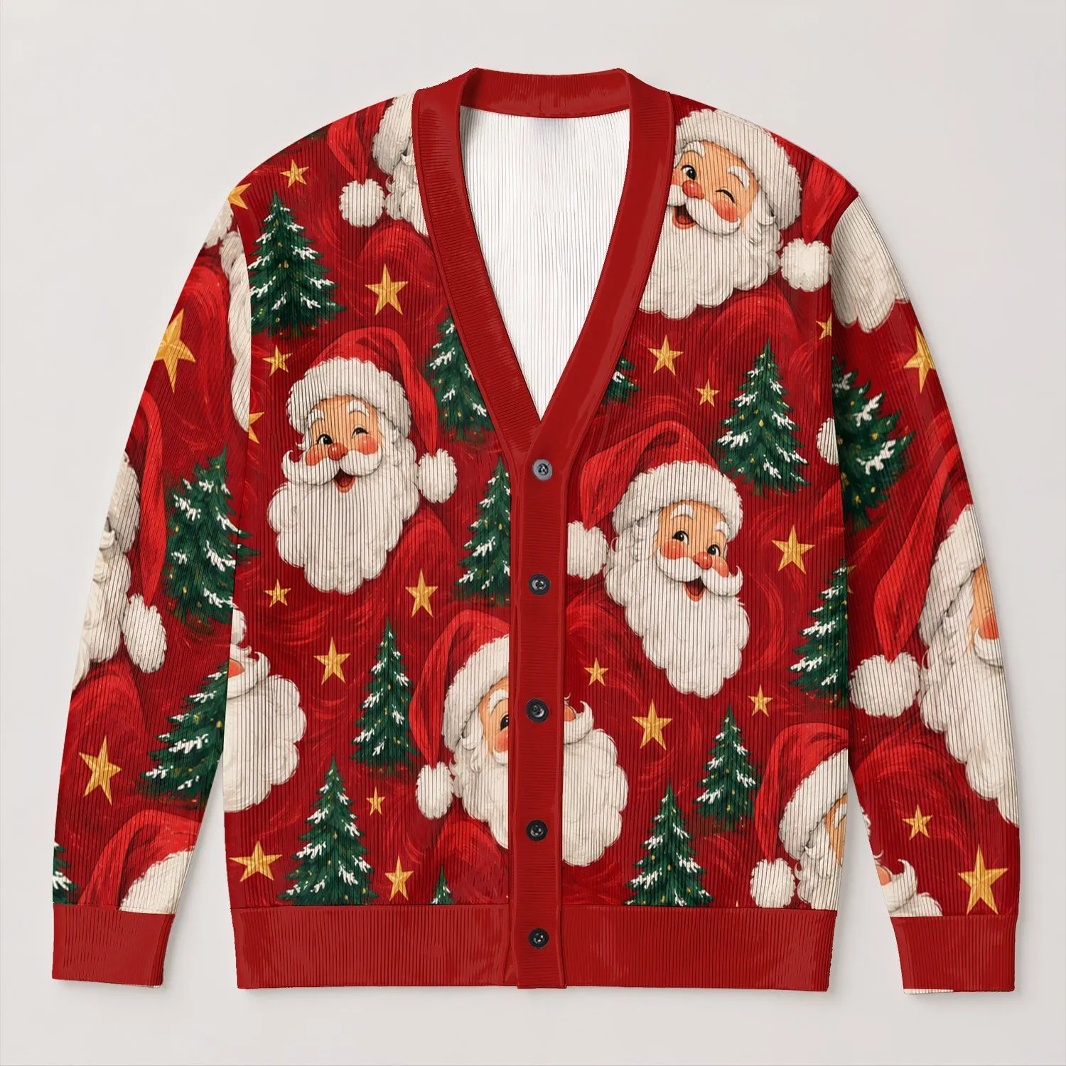 Santa Claus Holiday Faces and Pine Trees for Cozy Christmas Gatherings and Gifting All-over Print Knitted Cardigan - 1