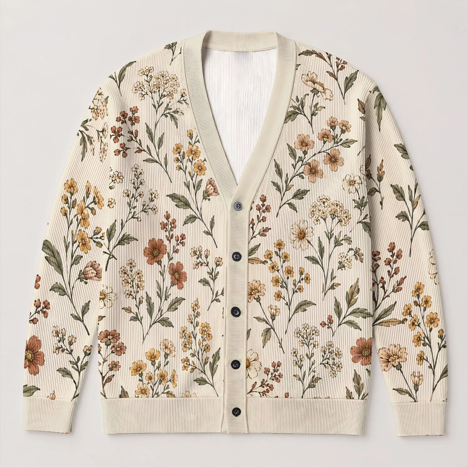 Wildflower Branches in Warm Ivory for Relaxed Everyday Layering, Cottage Style Living All-over Print Knitted Cardigan - 1