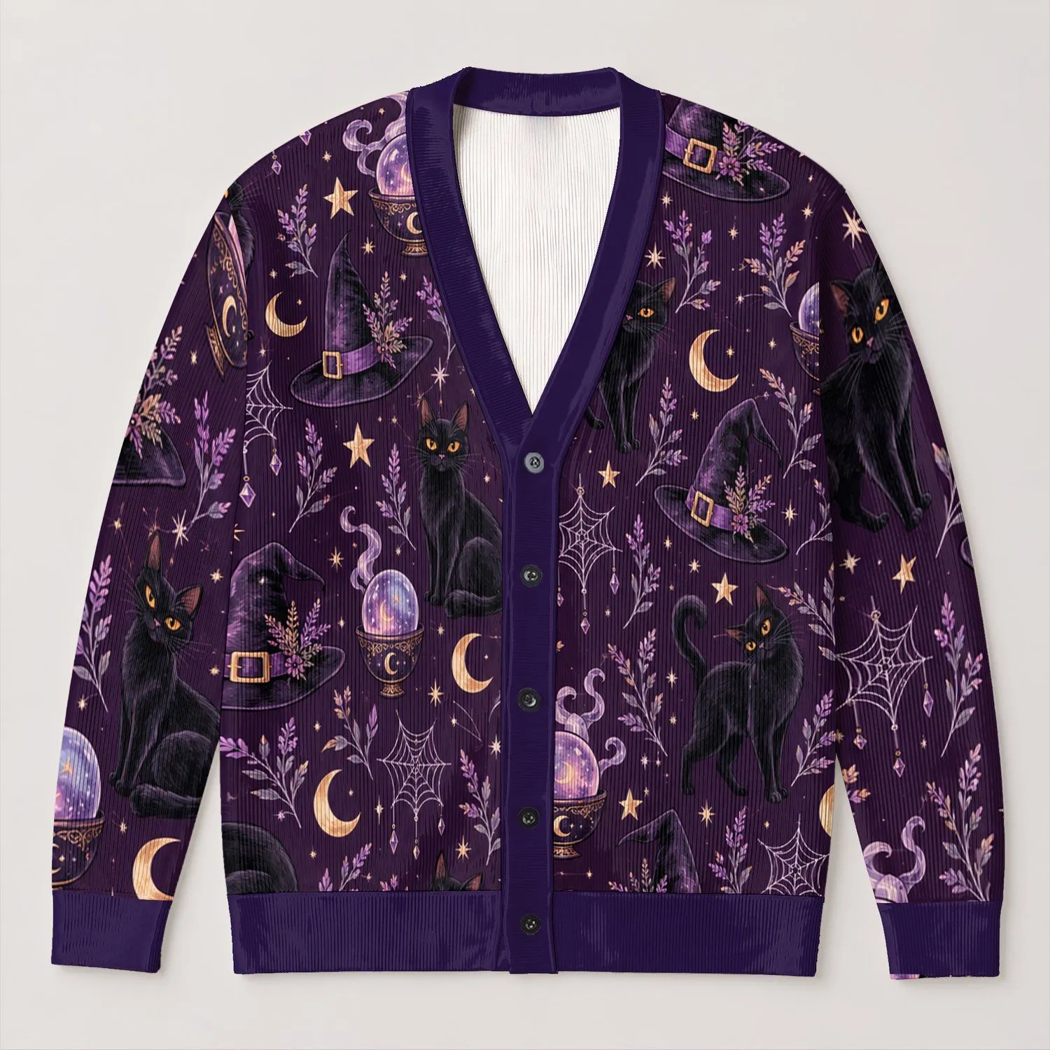 Mystical Crystal Ball Witch Hat Moon And Cat Motifs For Halloween Night Lounging Style All-over Print Knitted Cardigan - 1