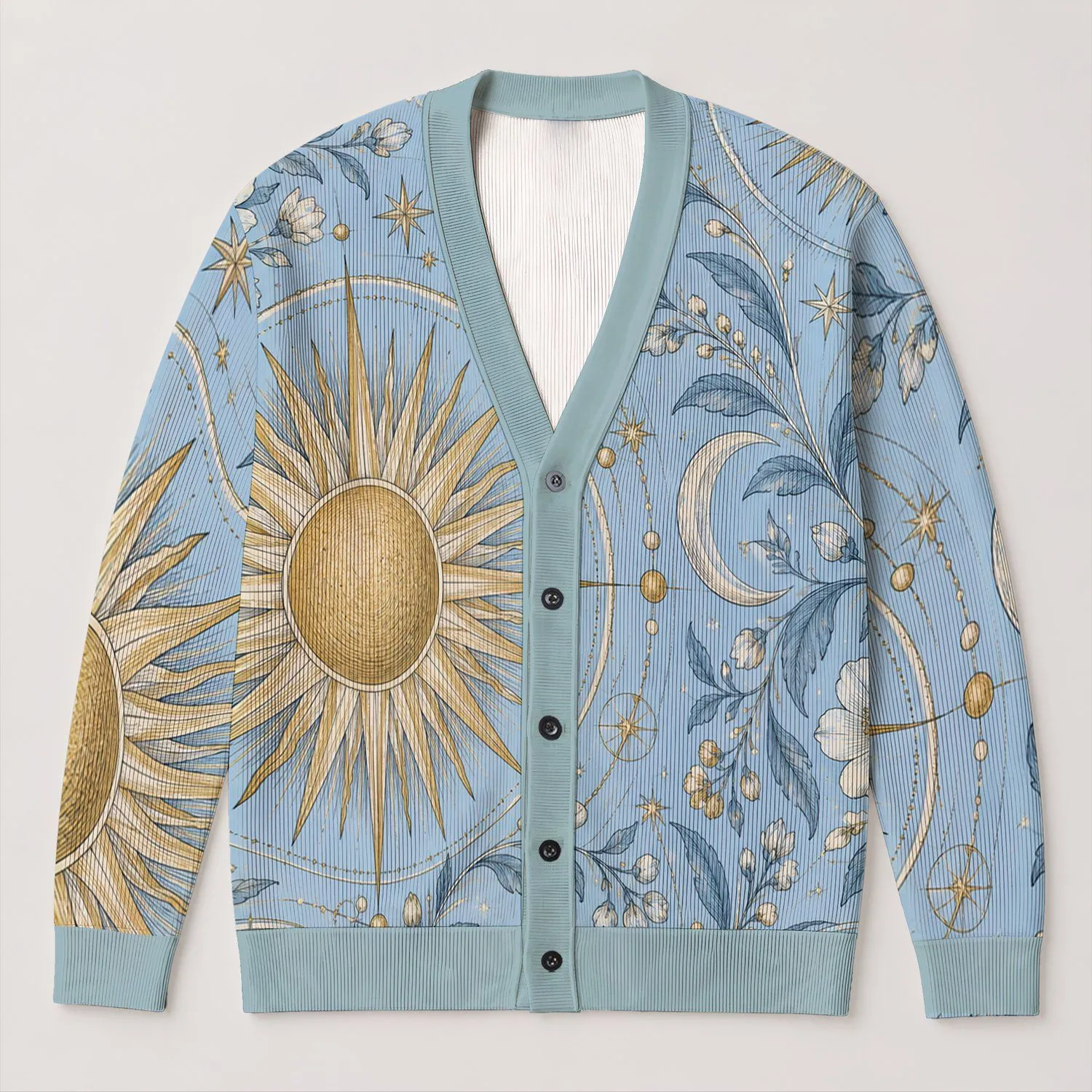 Blue Gold Celestial Sun Medallions for Bohemian Layering and Everyday Weekend Outings All-over Print Knitted Cardigan - 1