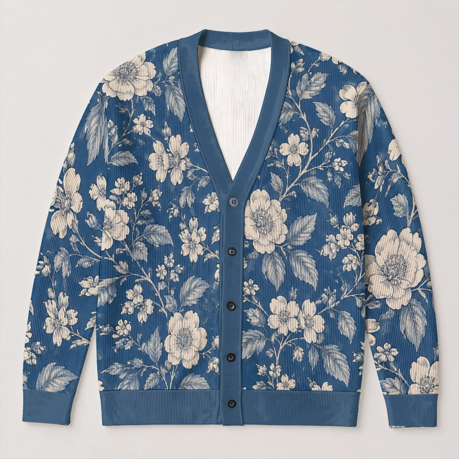 Blue Botanical Blooms for Relaxed Layering, Weekend Outings, and Cottage Style Women All-over Print Knitted Cardigan - 1