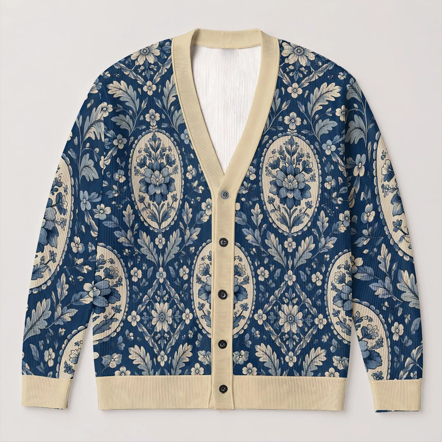 Indigo Cream Floral Medallions for Everyday Layering and Office-to-Weekend Style All-over Print Knitted Cardigan - 1