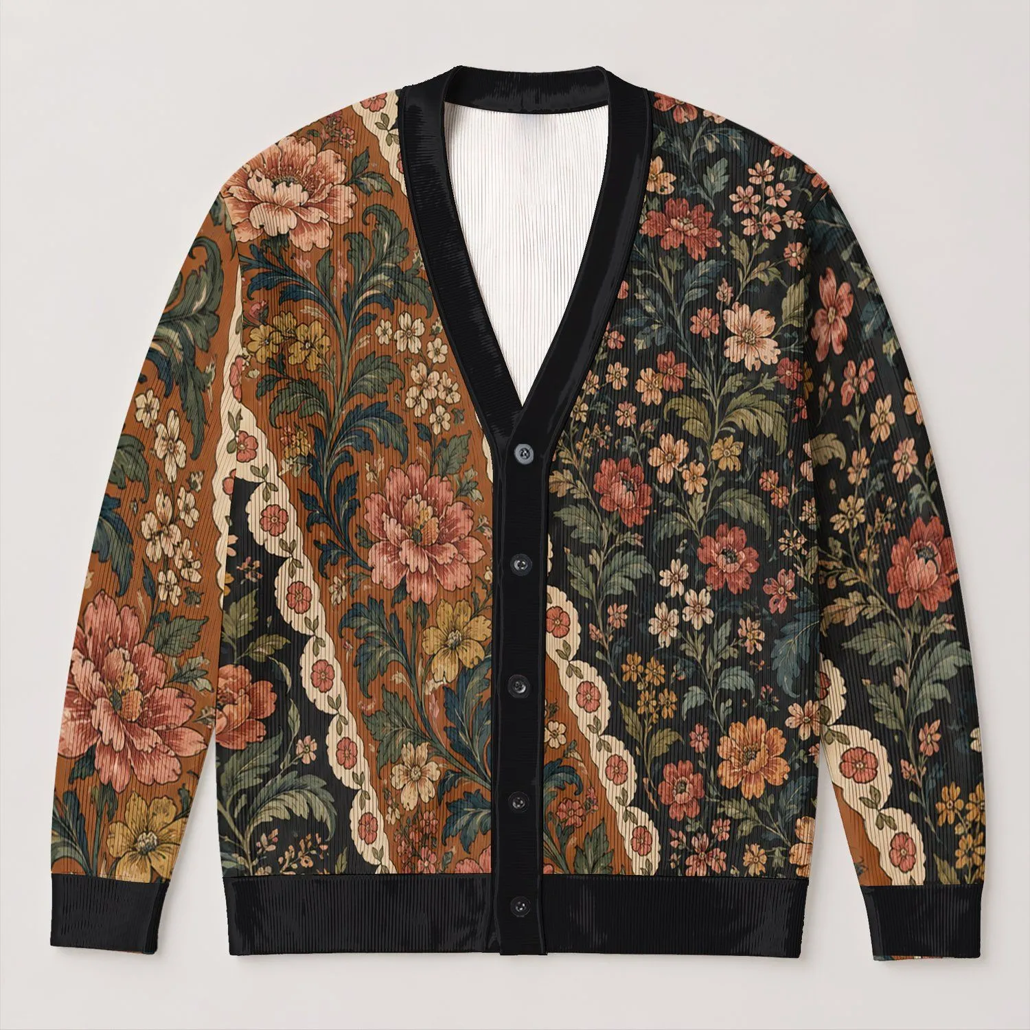 Vintage Floral Garden Tapestry Motif for Autumn Layering and Everyday Bohemian Style All-over Print Knitted Cardigan - 1