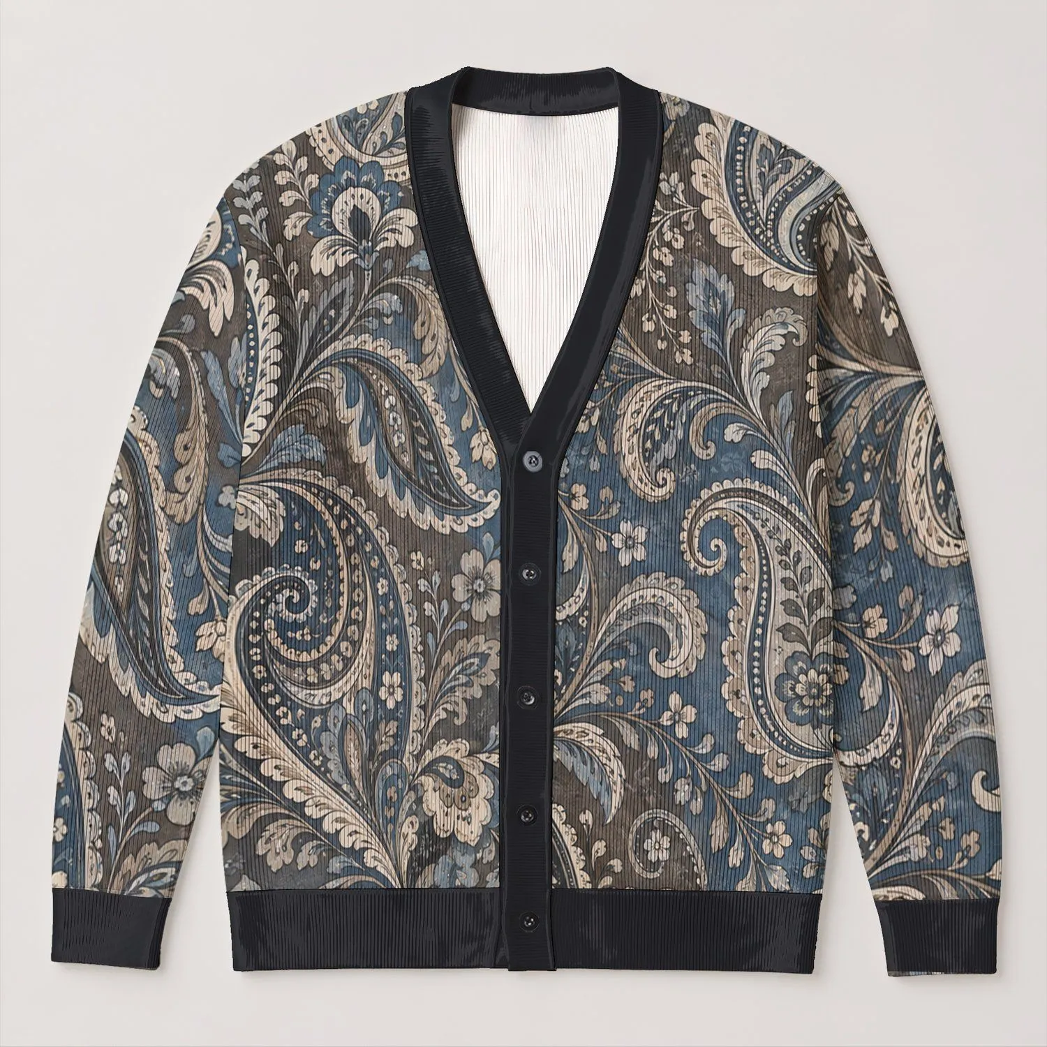 Blue Taupe Paisley Florals for Autumn Layering and Everyday Outings for Modern Women All-over Print Knitted Cardigan - 1