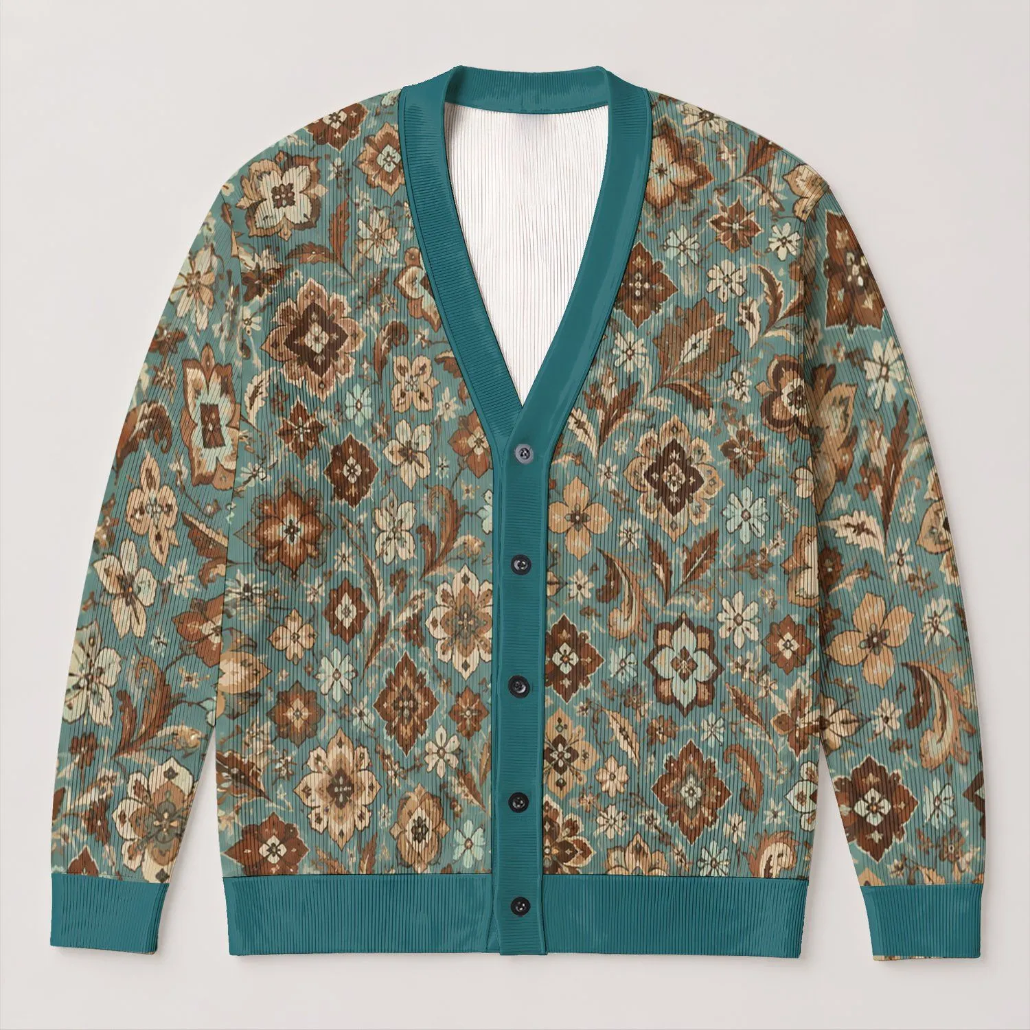 Teal and Tan Geometric Florals for Relaxed Everyday Layering and Artistic Wardrobes All-over Print Knitted Cardigan - 1