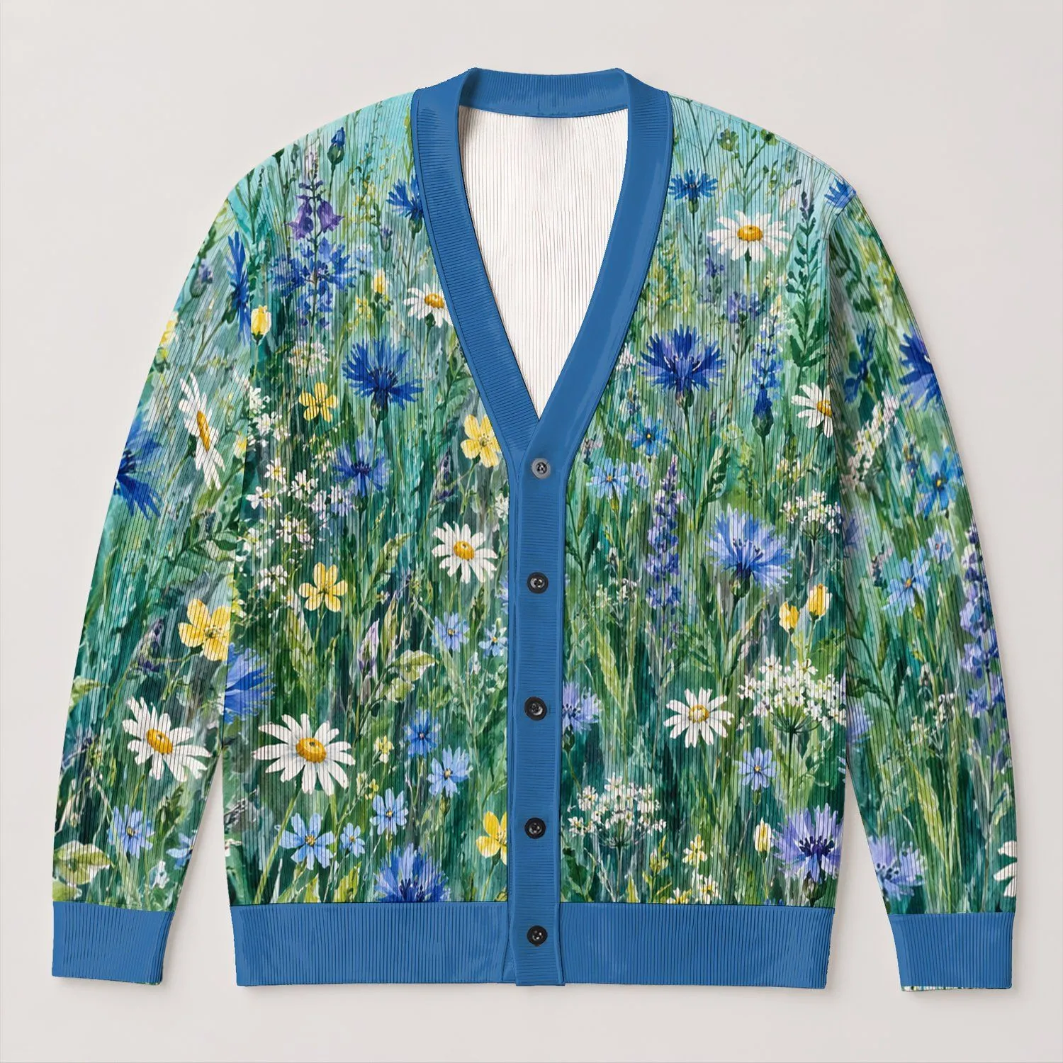 Blue Wildflower Meadow Scene for Autumn Outings and Everyday Layering Women's Style All-over Print Knitted Cardigan - 1