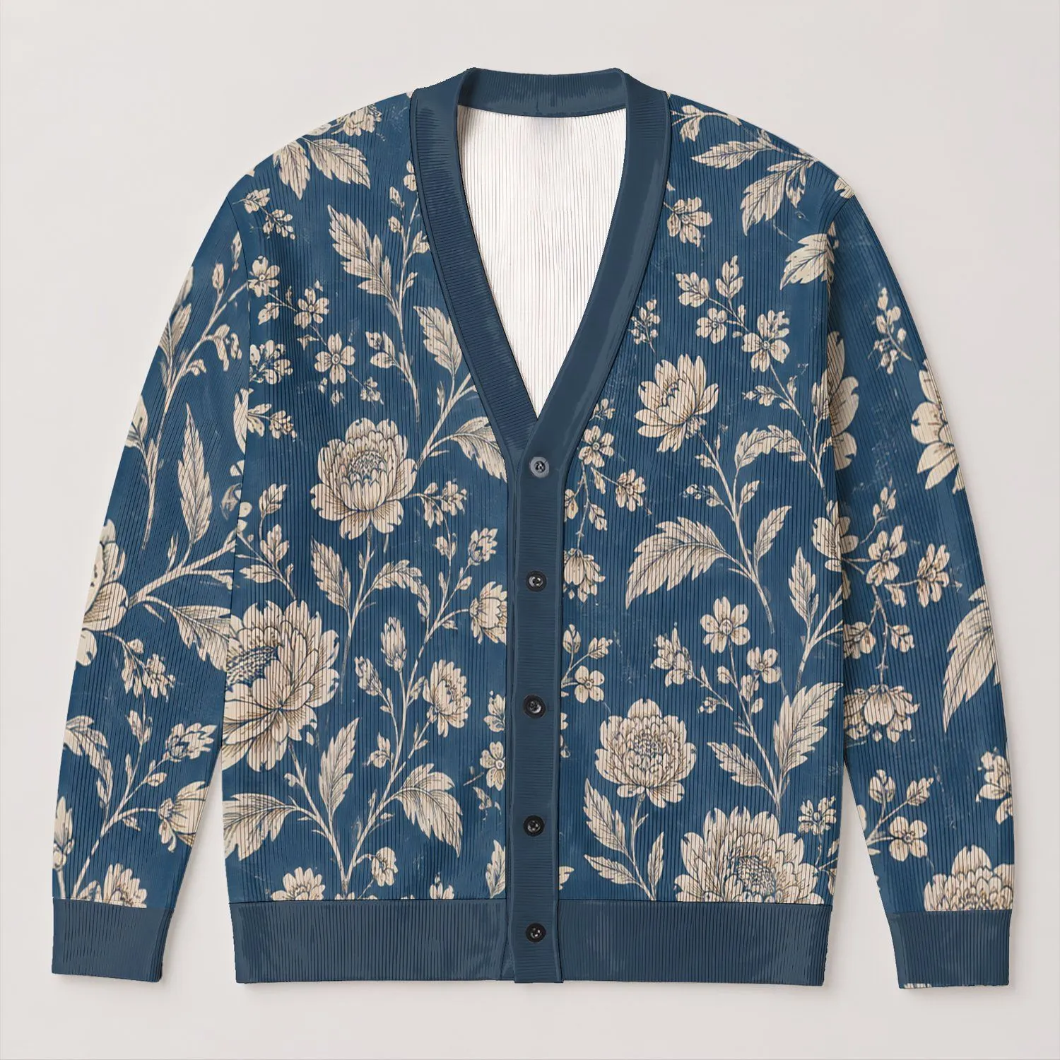 Blue Botanical Blooms for Relaxed Office Layers and Smart Casual Wardrobes for Women All-over Print Knitted Cardigan - 1