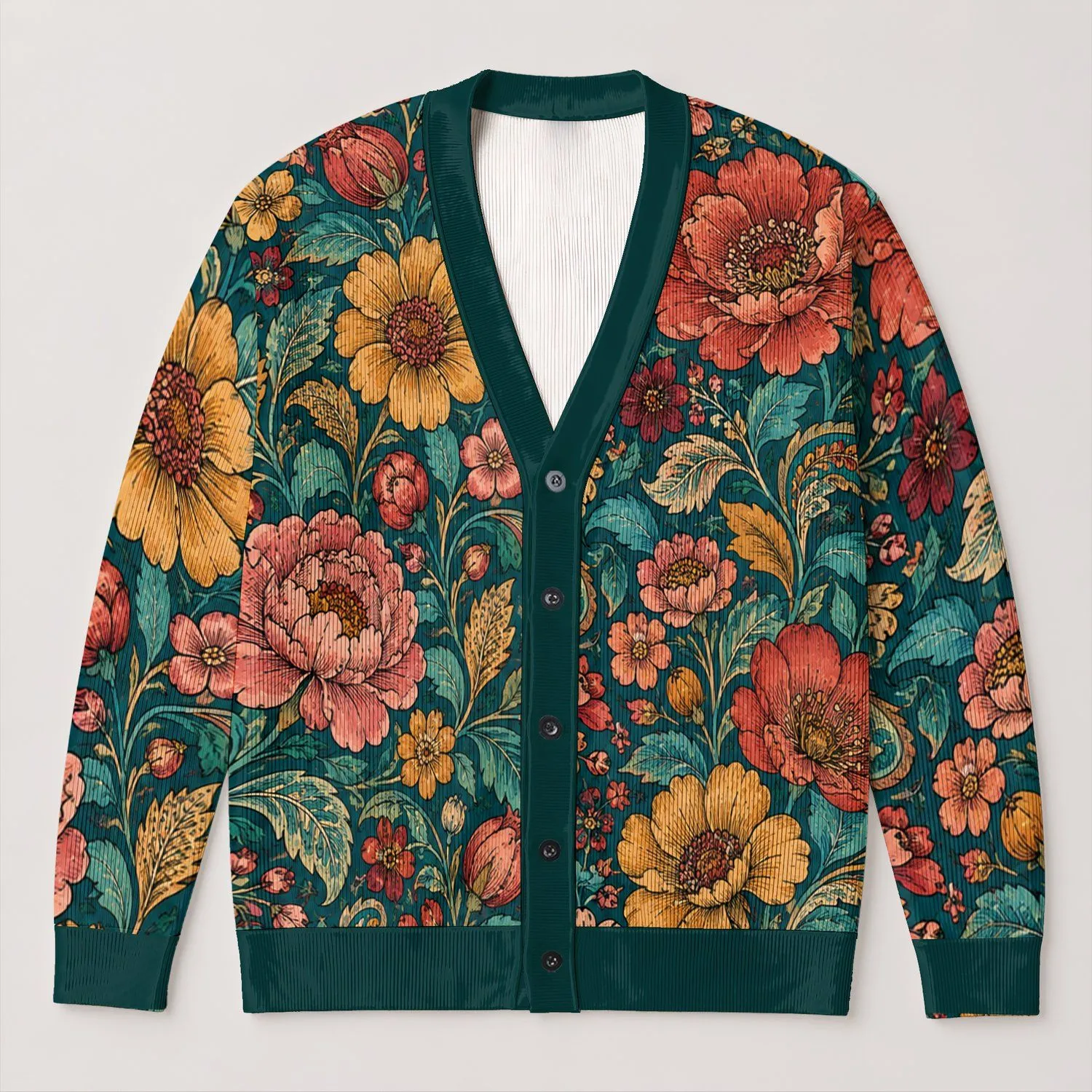 Jewel-Toned Botanical Blossoms for Relaxed Everyday Layering and Creative Women Today All-over Print Knitted Cardigan - 1