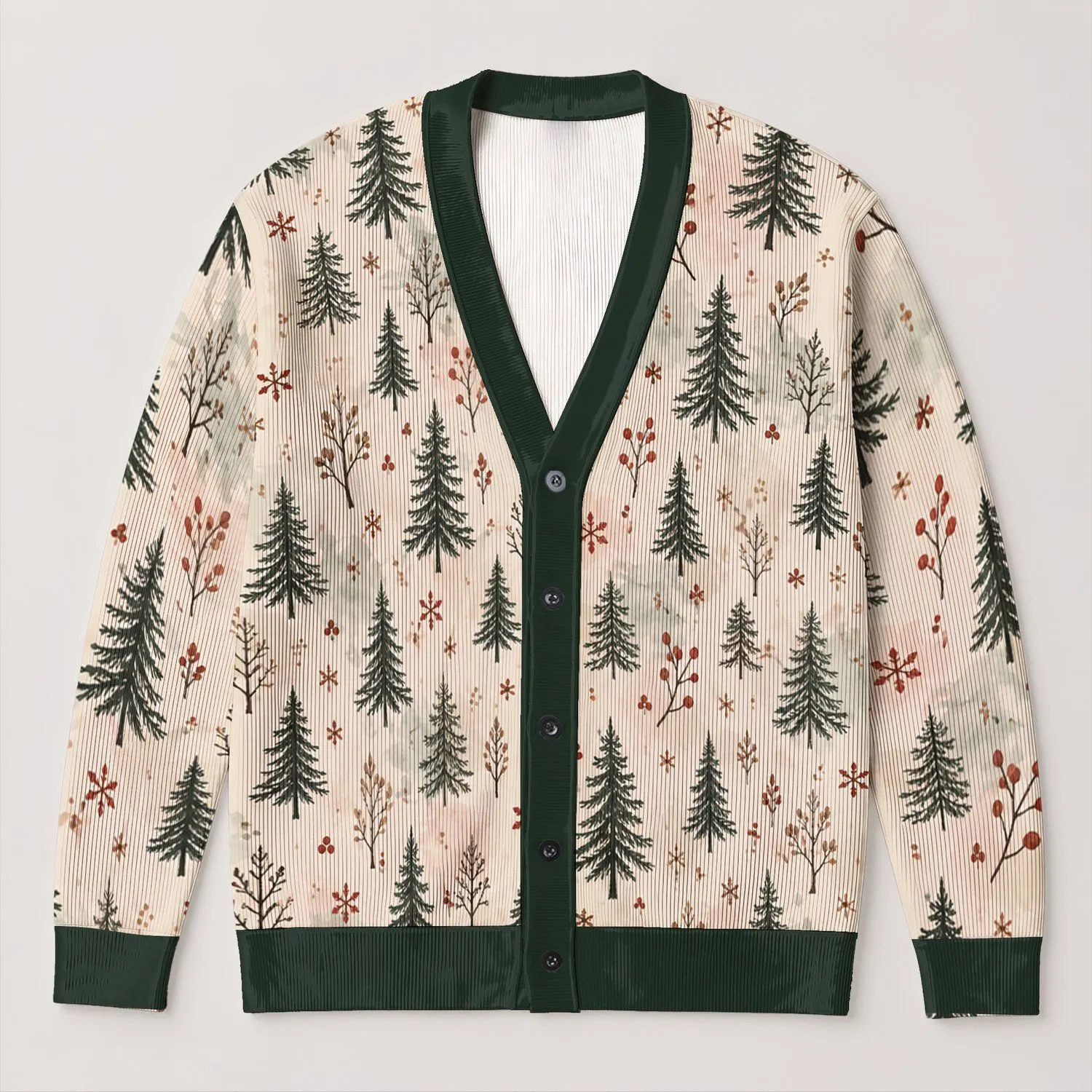 Evergreen Trees And Rustic Berry Sprigs For Cozy Holiday Gatherings And Cabin Weekends All-over Print Knitted Cardigan - 1