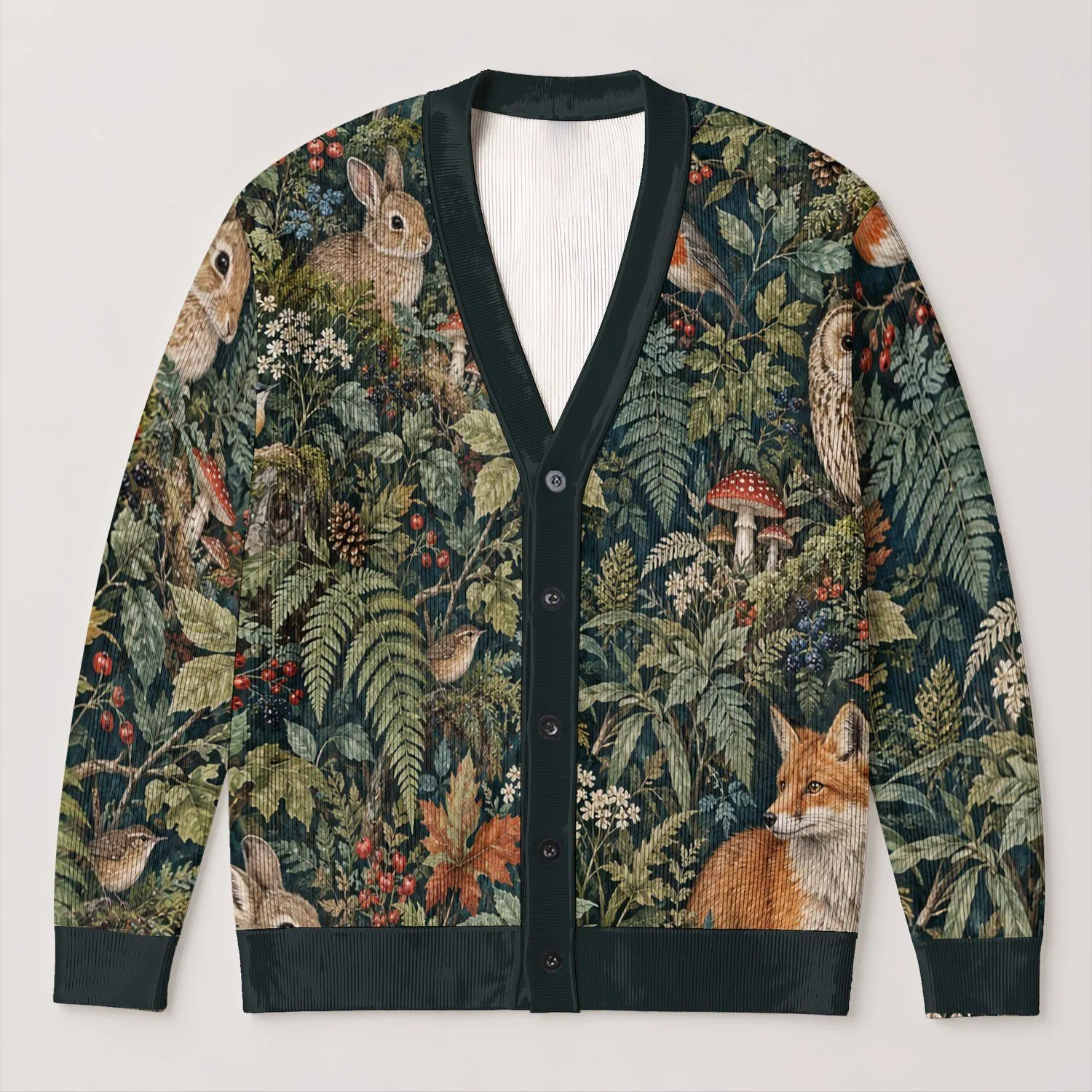 Woodland Owls, Rabbits And Foxes For Cozy Forest Layering And Nature-Lover Style All-over Print Knitted Cardigan - 1