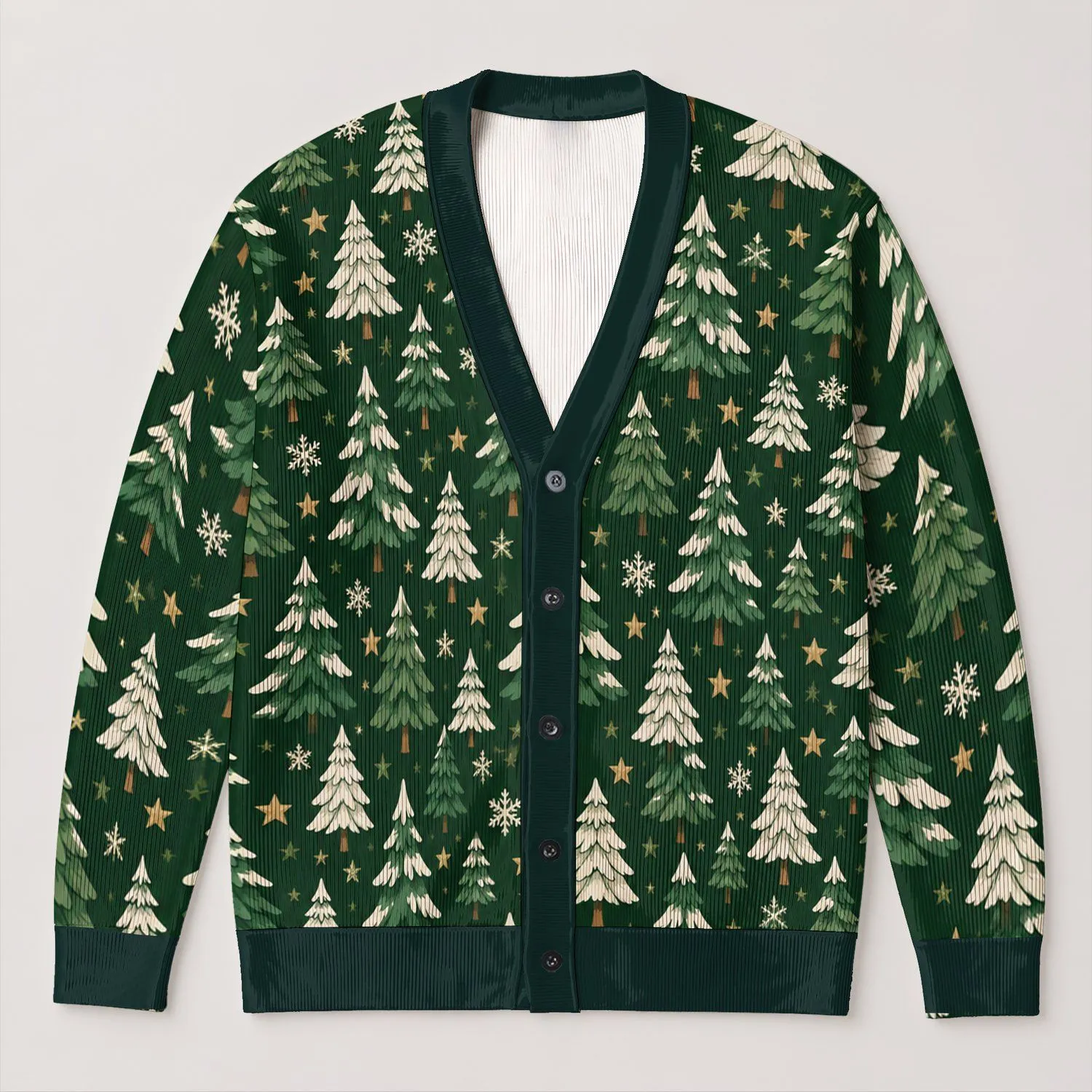 Snowy Evergreen Trees With Golden Stars For Festive Winter Outings Women's Holiday Wear All-over Print Knitted Cardigan - 1