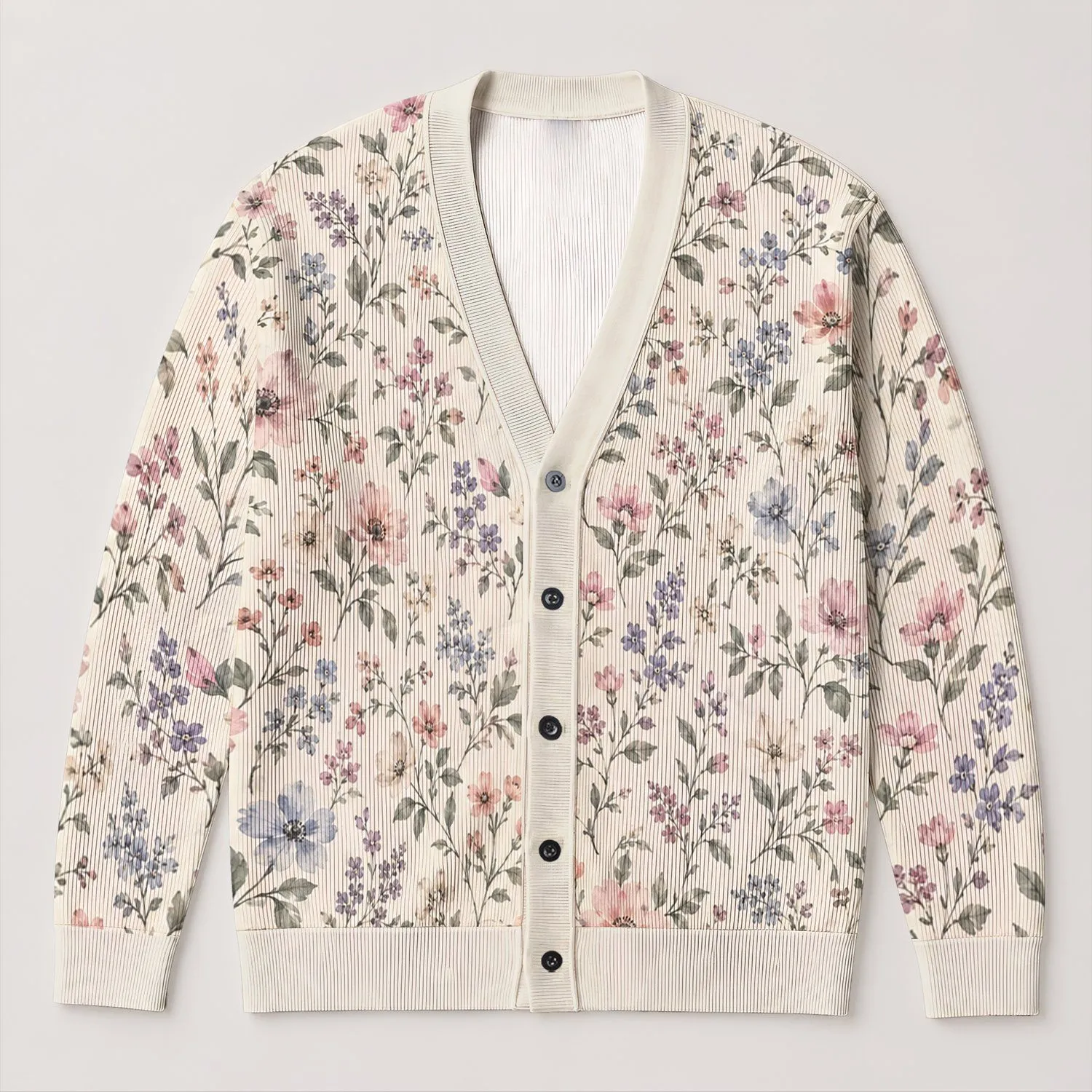 Pastel Wildflower Sprigs for Soft Autumn Layering and Relaxed Women's Everyday Style All-over Print Knitted Cardigan - 1