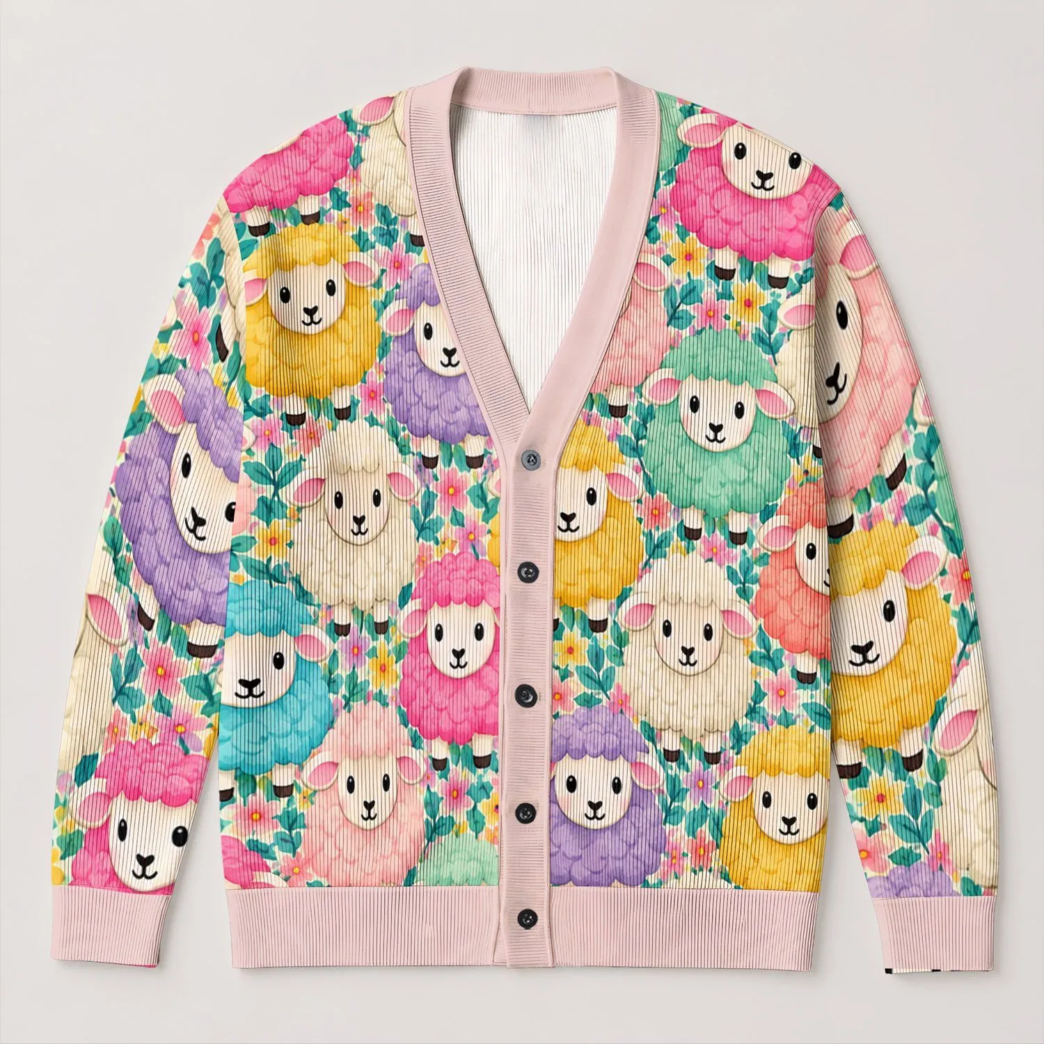 Colorful Sheep Motif for Cheerful Everyday Layering in a Cozy Women’s Casual Wardrobe All-over Print Knitted Cardigan - 1