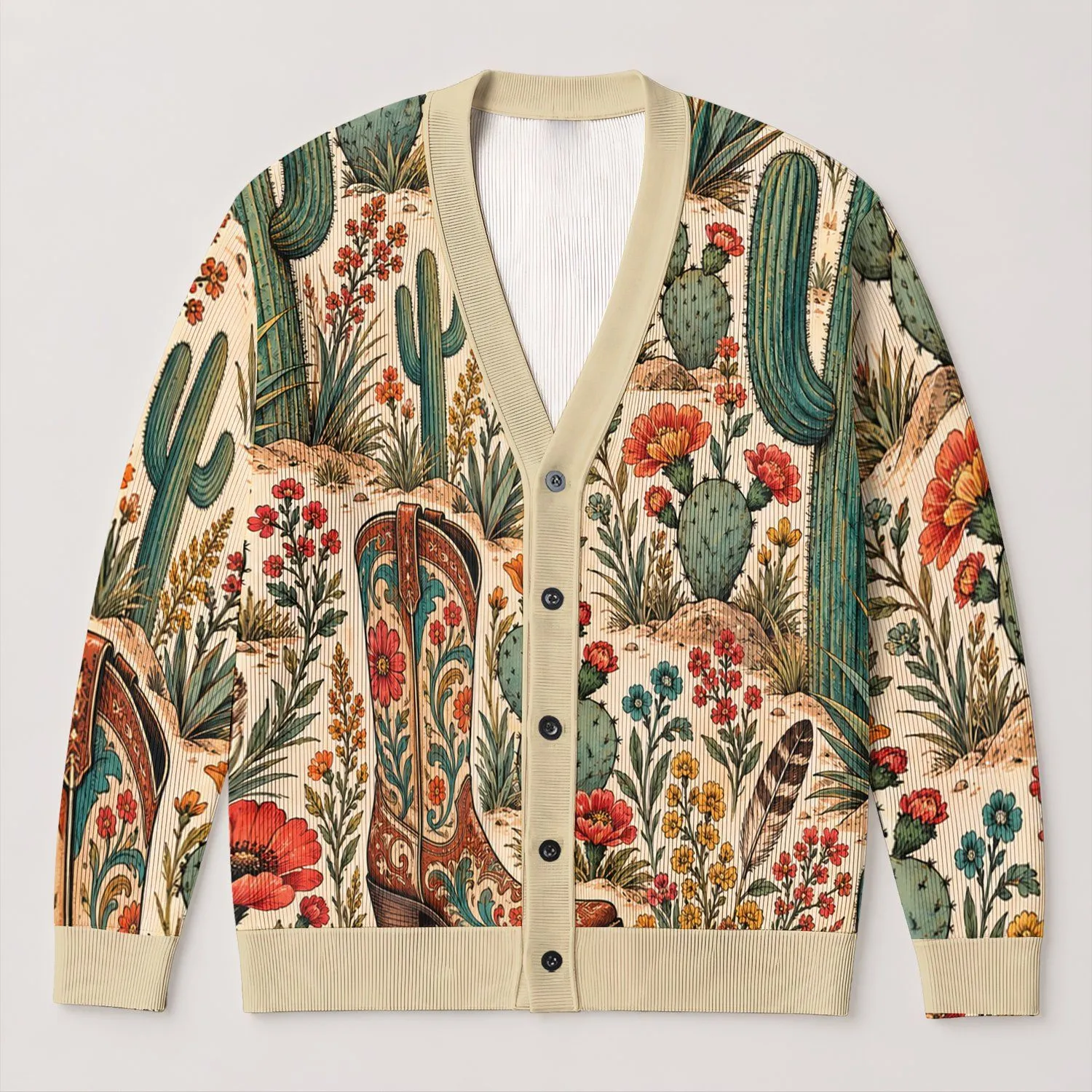 Southwestern Cactus Floral Cowboy Boot Motif for Everyday Western Casual Layering All-over Print Knitted Cardigan - 1