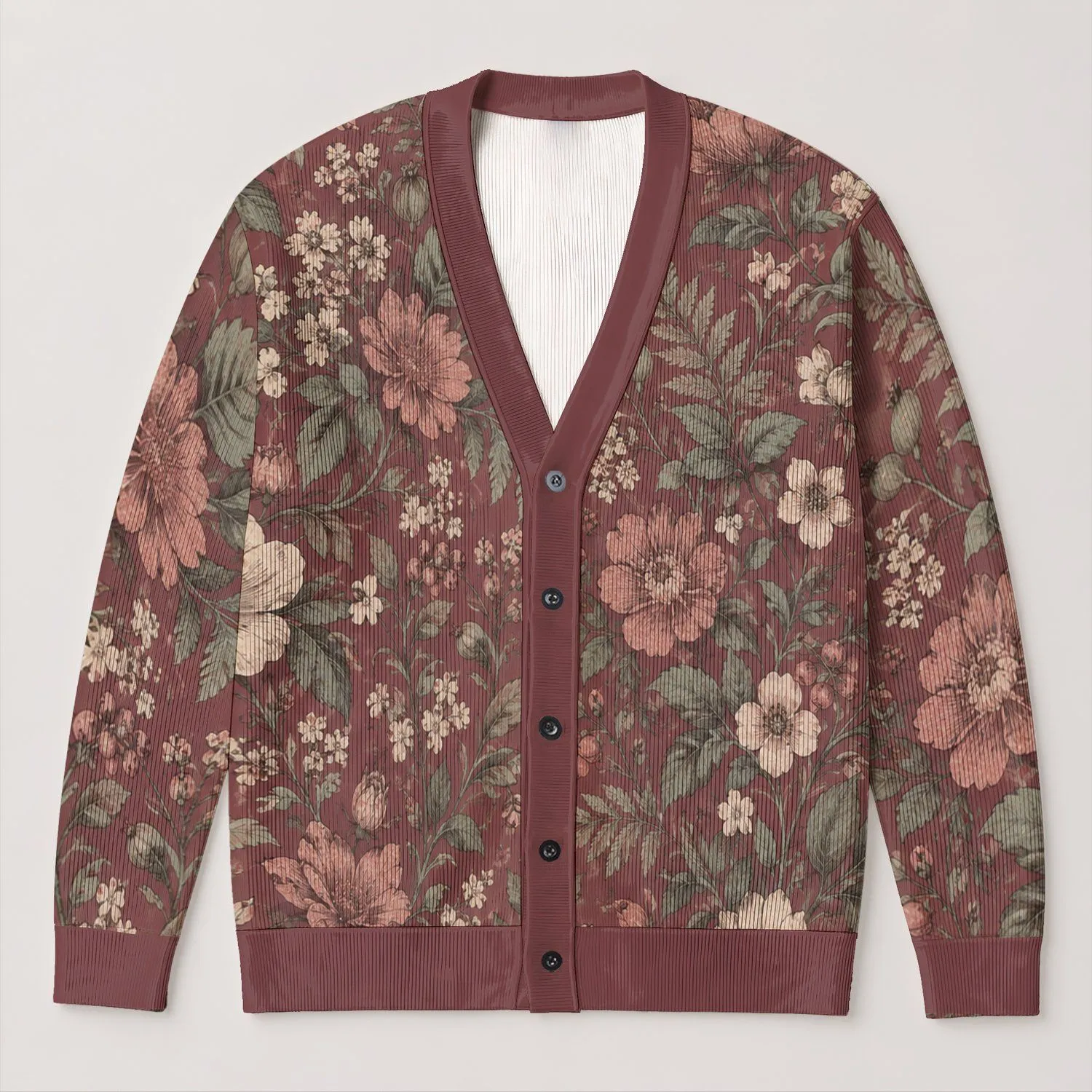 Vintage Botanical Blooms in Dusty Rose for Everyday Layering, Weekends and Travel Wear All-over Print Knitted Cardigan - 1