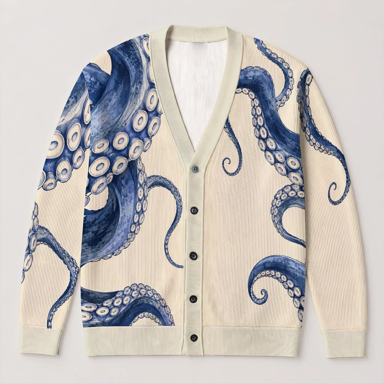 Navy Octopus Ocean Motifs for Coastal Layering, Beach Days, and Seaside Style All-over Print Knitted Cardigan - 1