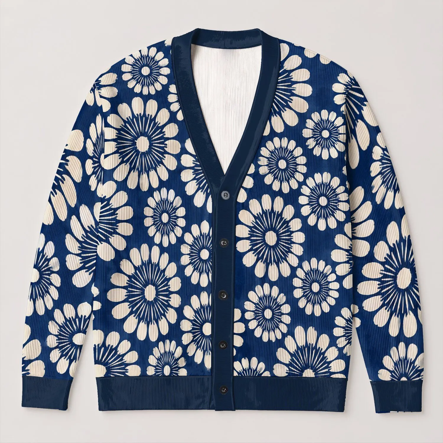 Indigo Ivory Daisy Medallions for Everyday Layering and Relaxed Weekend Wardrobe Style All-over Print Knitted Cardigan - 1