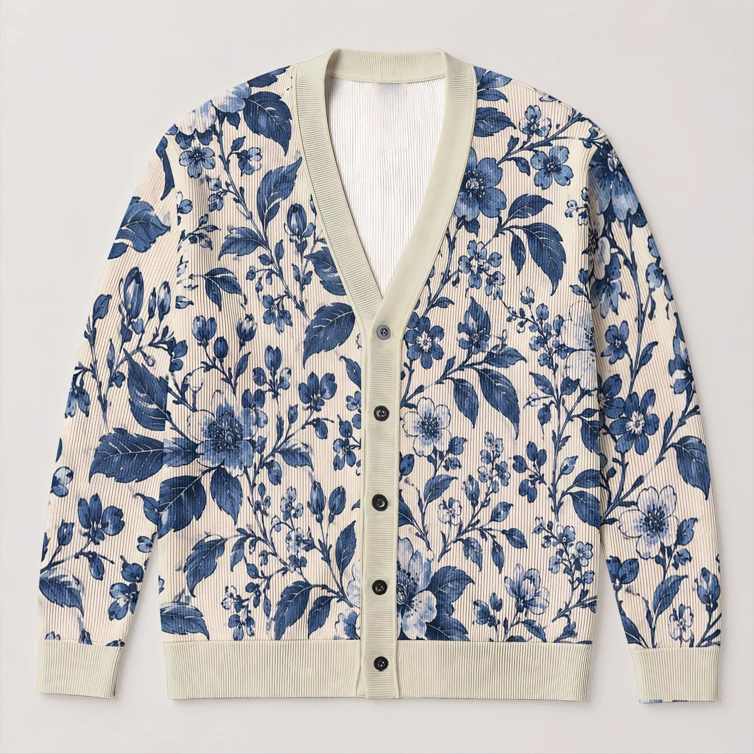 Navy Botanical Flowers for Everyday Layering, Weekend Outings, and Relaxed Garden Style All-over Print Knitted Cardigan - 1