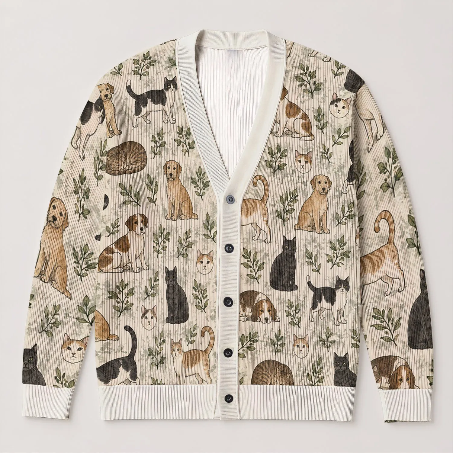 Cats and Dogs in Soft Woodland Tones for Cozy Everyday Layering at Home or Out Together All-over Print Knitted Cardigan - 1