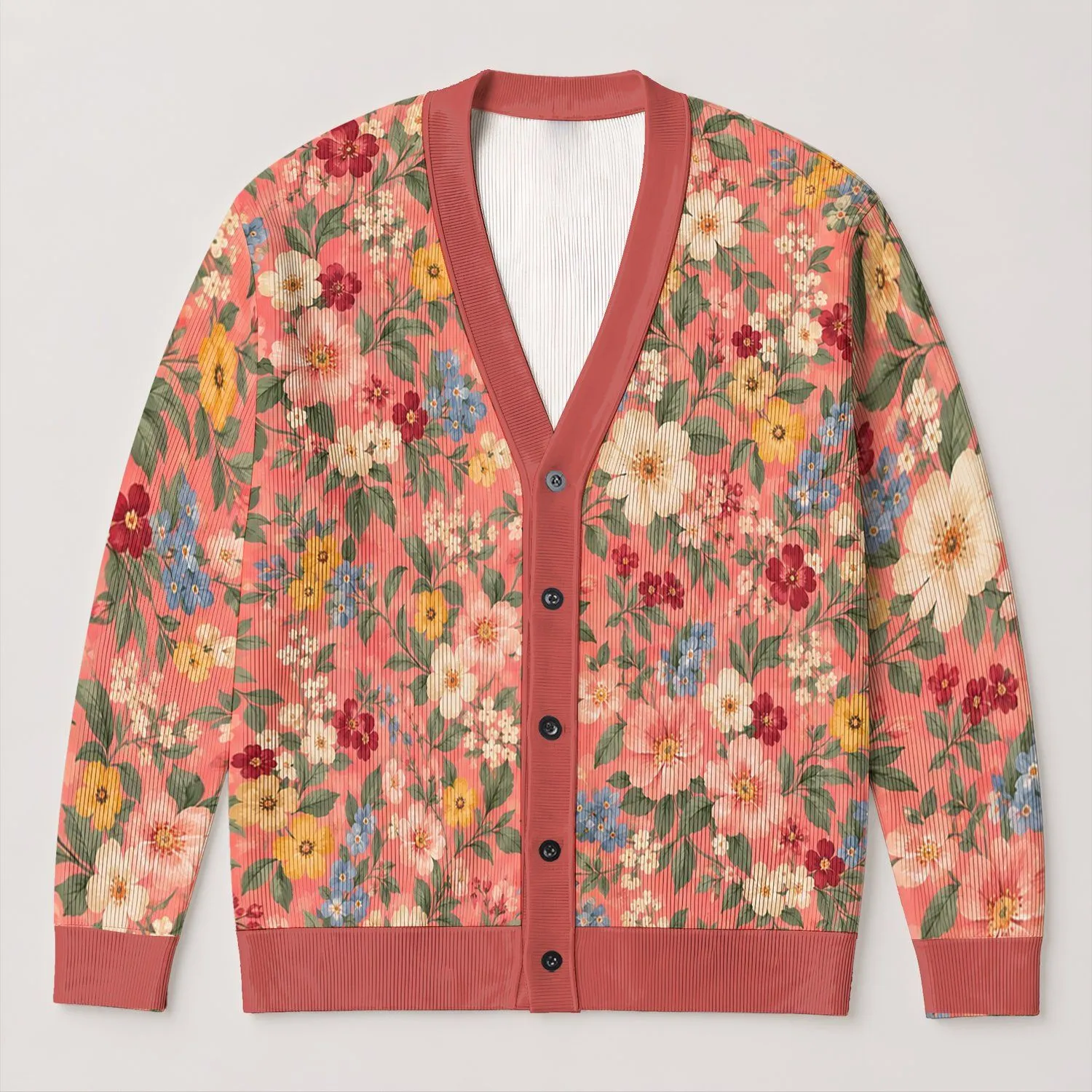 Bright Coral Wildflower Blooms for Relaxed Weekend Layering and Everyday Cottage Style All-over Print Knitted Cardigan - 1