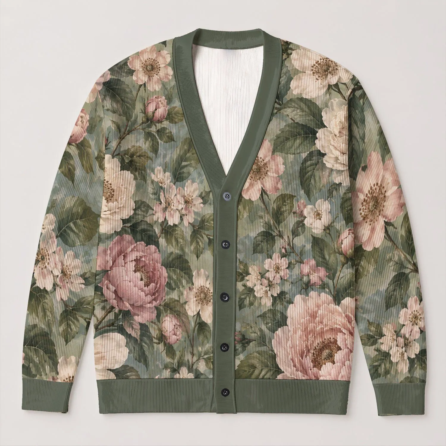 Blush Peony Botanical Blooms For Relaxed Weekend Layering And Everyday Elegance All-over Print Knitted Cardigan - 1