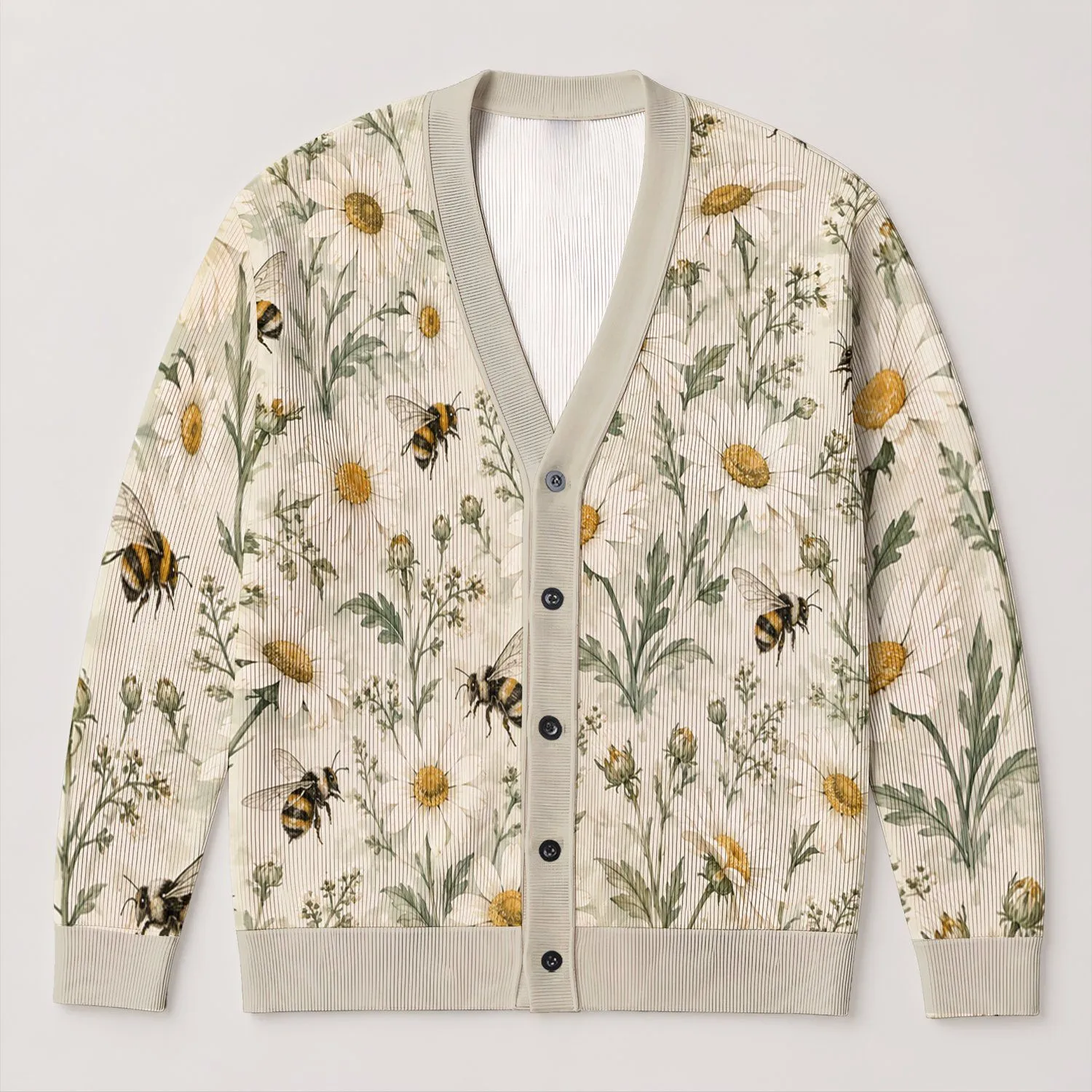 Daisy Bee Meadow Motif for Relaxed Cottagecore Layering and Everyday Spring Style All-over Print Knitted Cardigan - 1