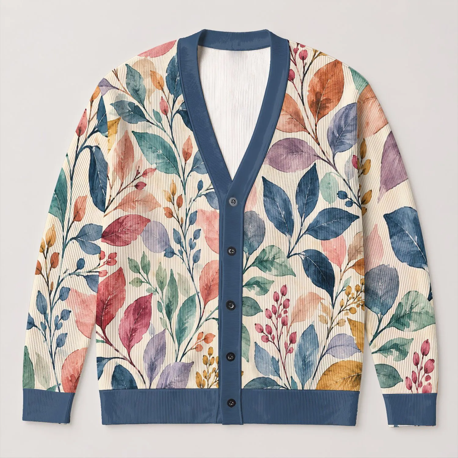 Watercolor Botanical Leaves For Relaxed Everyday Layering, Women's Artistic Style All-over Print Knitted Cardigan - 1