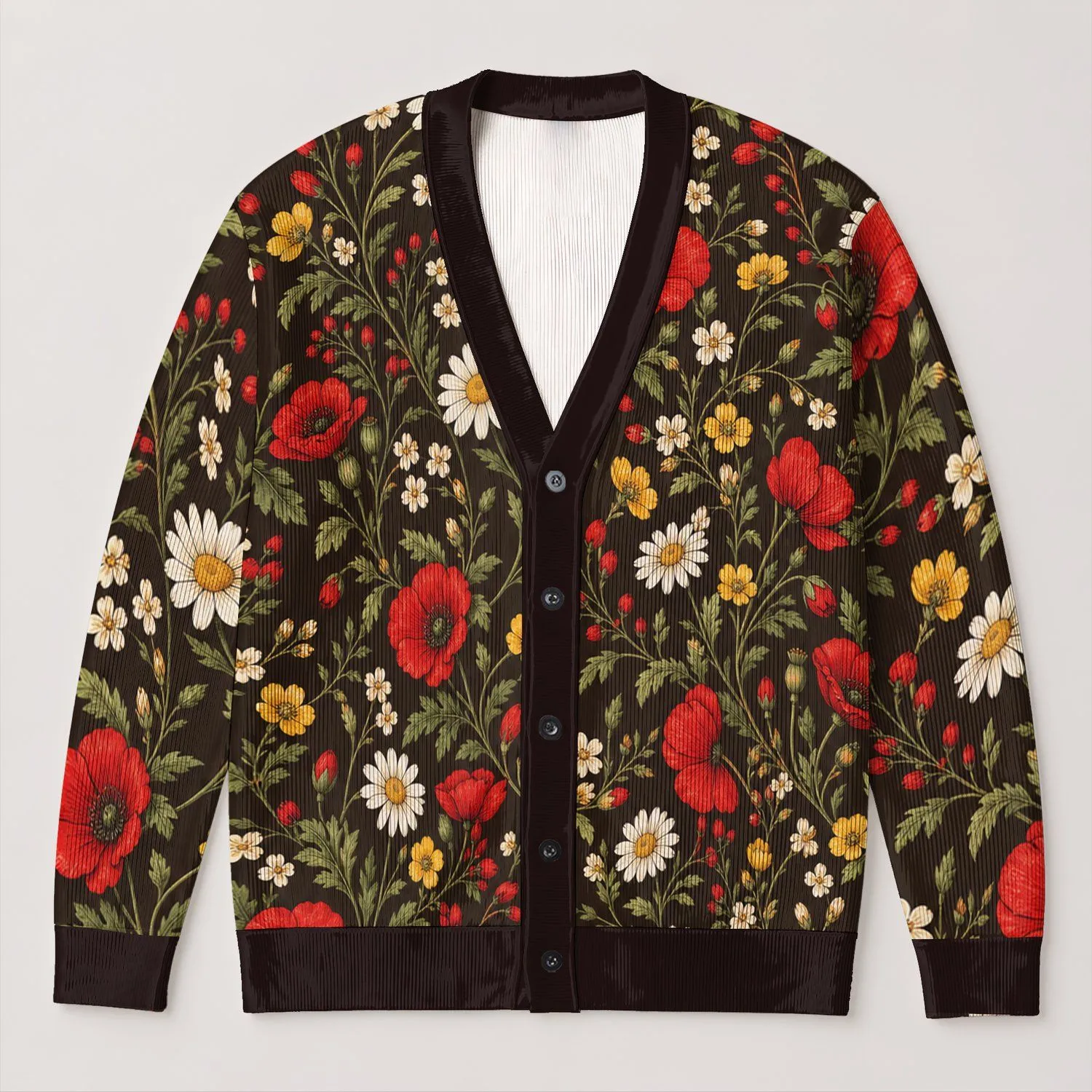 Red Poppy Daisy Wildflowers For Relaxed Everyday Layering And Cottage Garden Style All-over Print Knitted Cardigan - 1