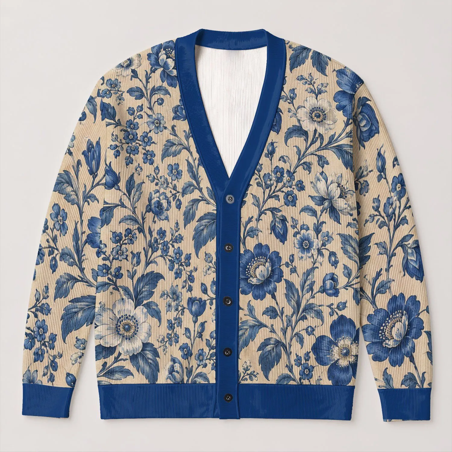 Cobalt Blue Botanical Flowers for Relaxed Spring and Summer Layering Women's Style All-over Print Knitted Cardigan - 1