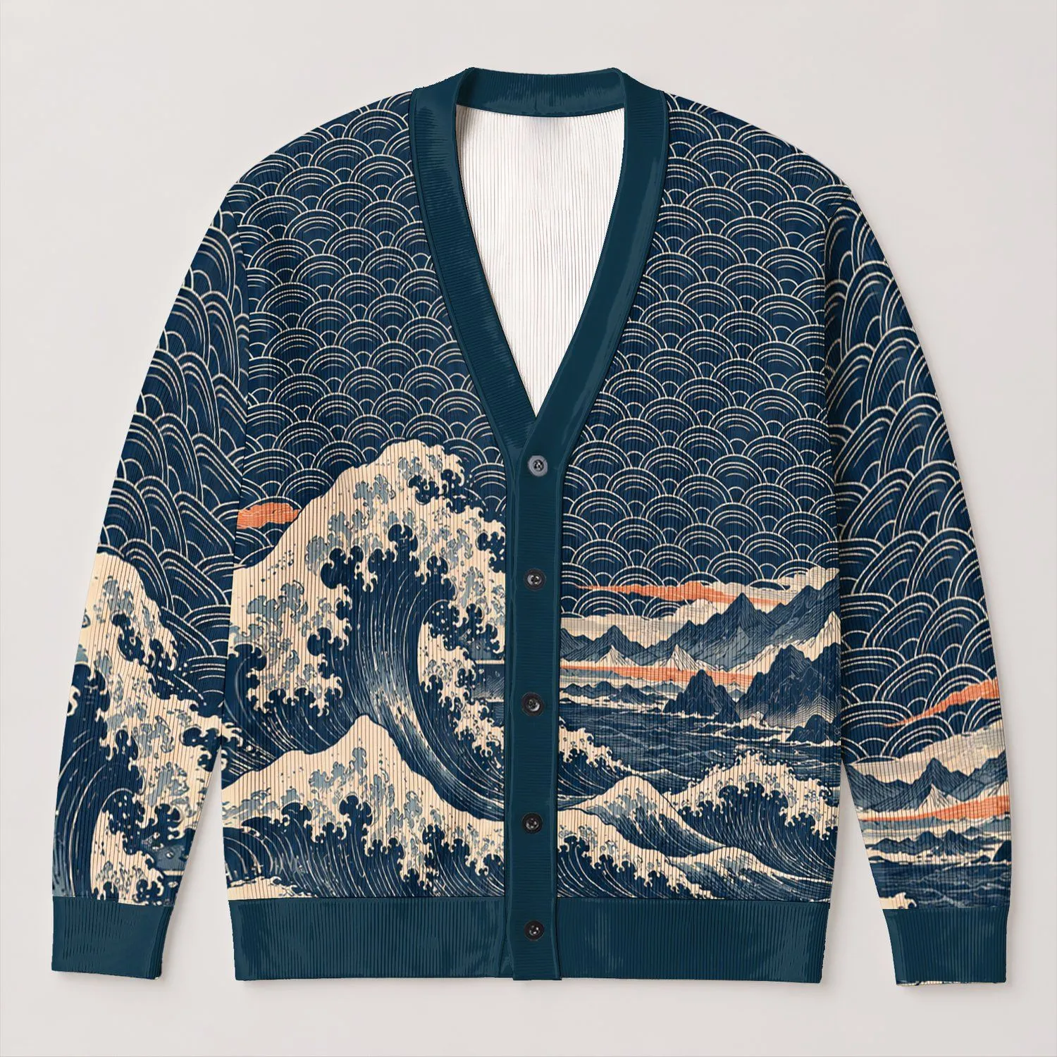 Navy Ocean Waves And Mountain Lines For Relaxed Coastal Everyday Style Women Wear All-over Print Knitted Cardigan - 1