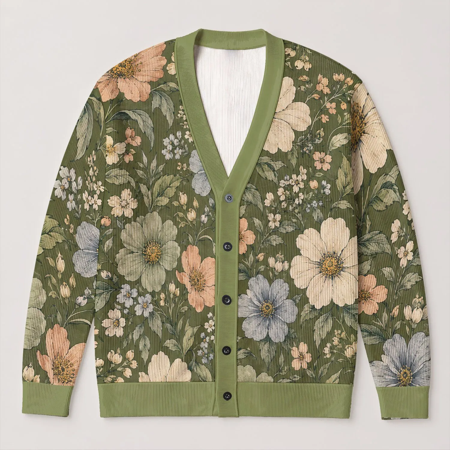 Vintage Olive Botanical Blooms For Everyday Layering And Relaxed Women's Wardrobe All-over Print Knitted Cardigan - 1