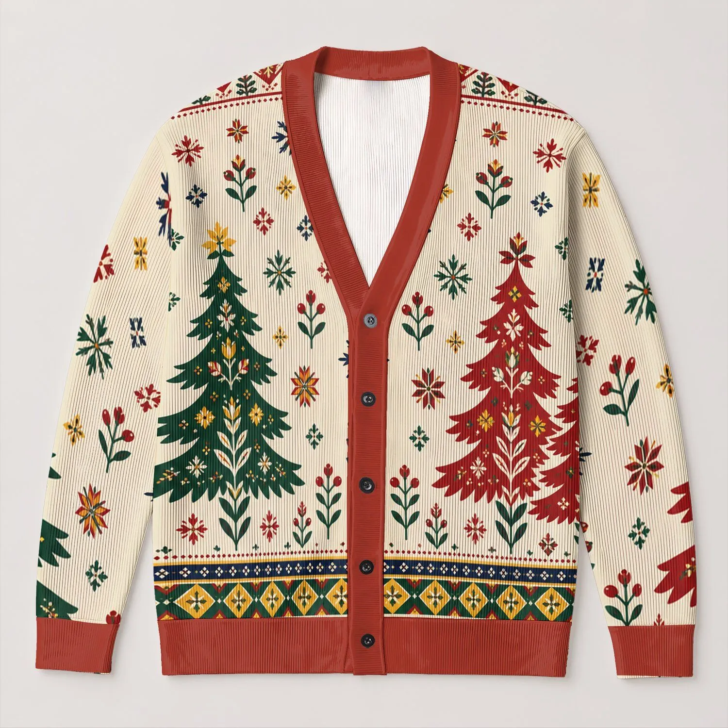 Retro Nordic Evergreen Tree Motif For Cozy Holiday Layering And Winter Weekend Style All-over Print Knitted Cardigan - 1