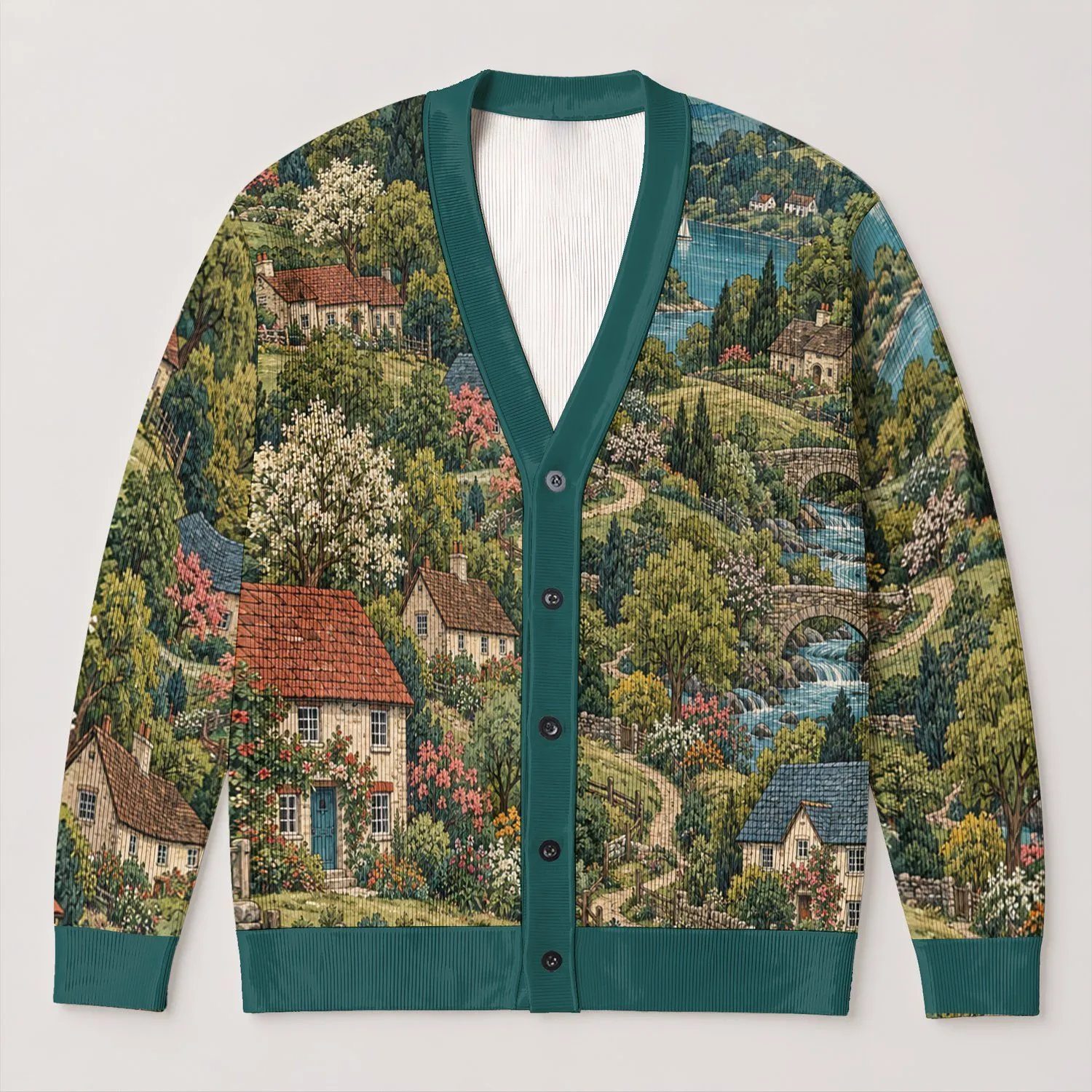 Pastoral Cottage Village Meadow Scene for Cozy Autumn Layering and Weekend Strolls All-over Print Knitted Cardigan - 1