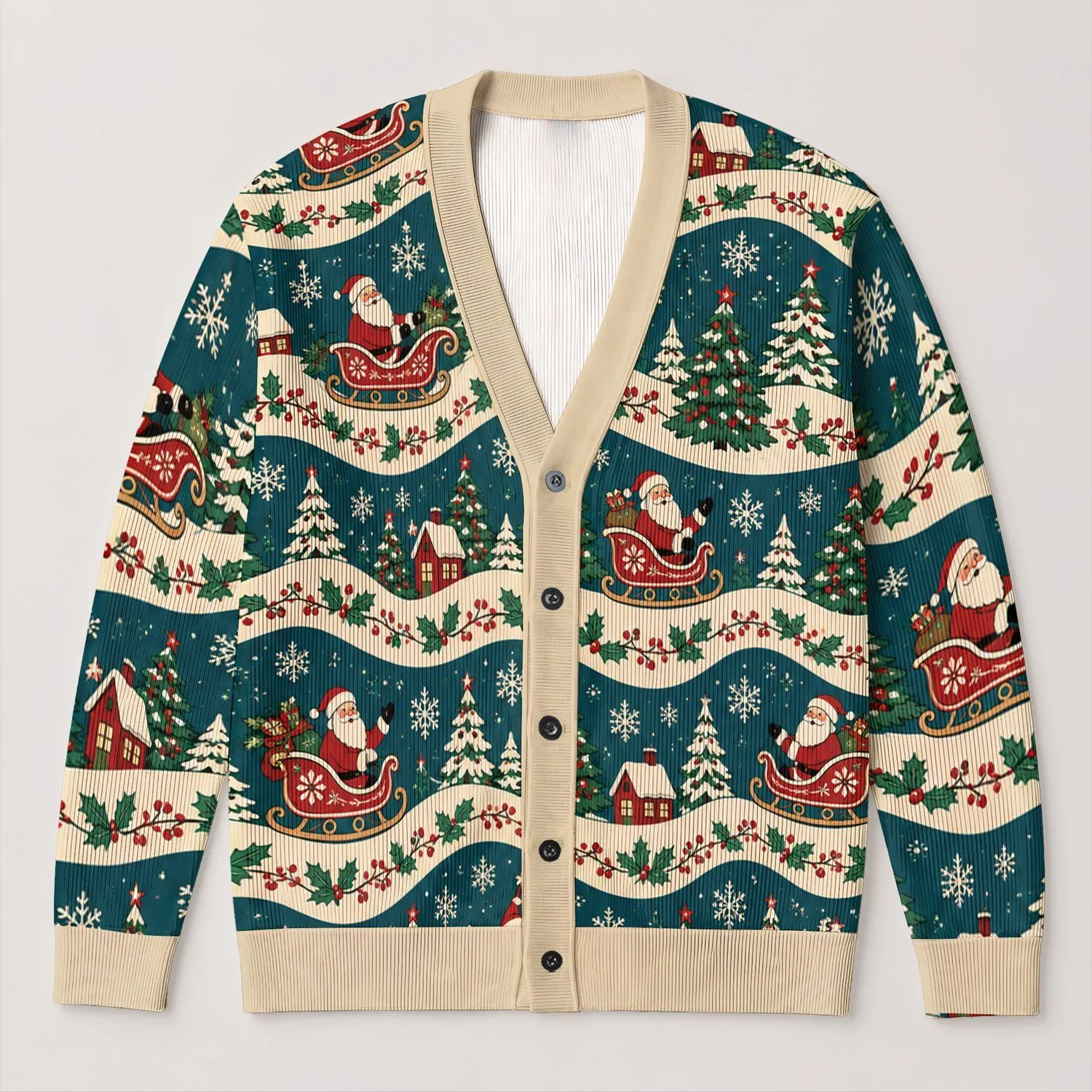 Vintage Santa Sleigh Christmas Holiday Style For Women Retro Nordic Seasonal Layering All-over Print Knitted Cardigan - 1